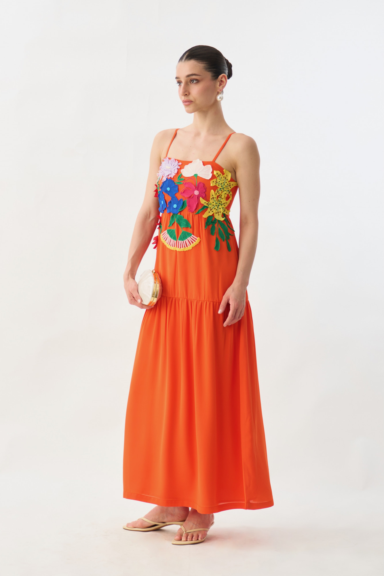 GARDEN OF SICILIA TANGERINE COLOR MIDI LENGTH TIER DRESS WITH DELICATE FLORAL MULTI COLOR EMBROIDERY