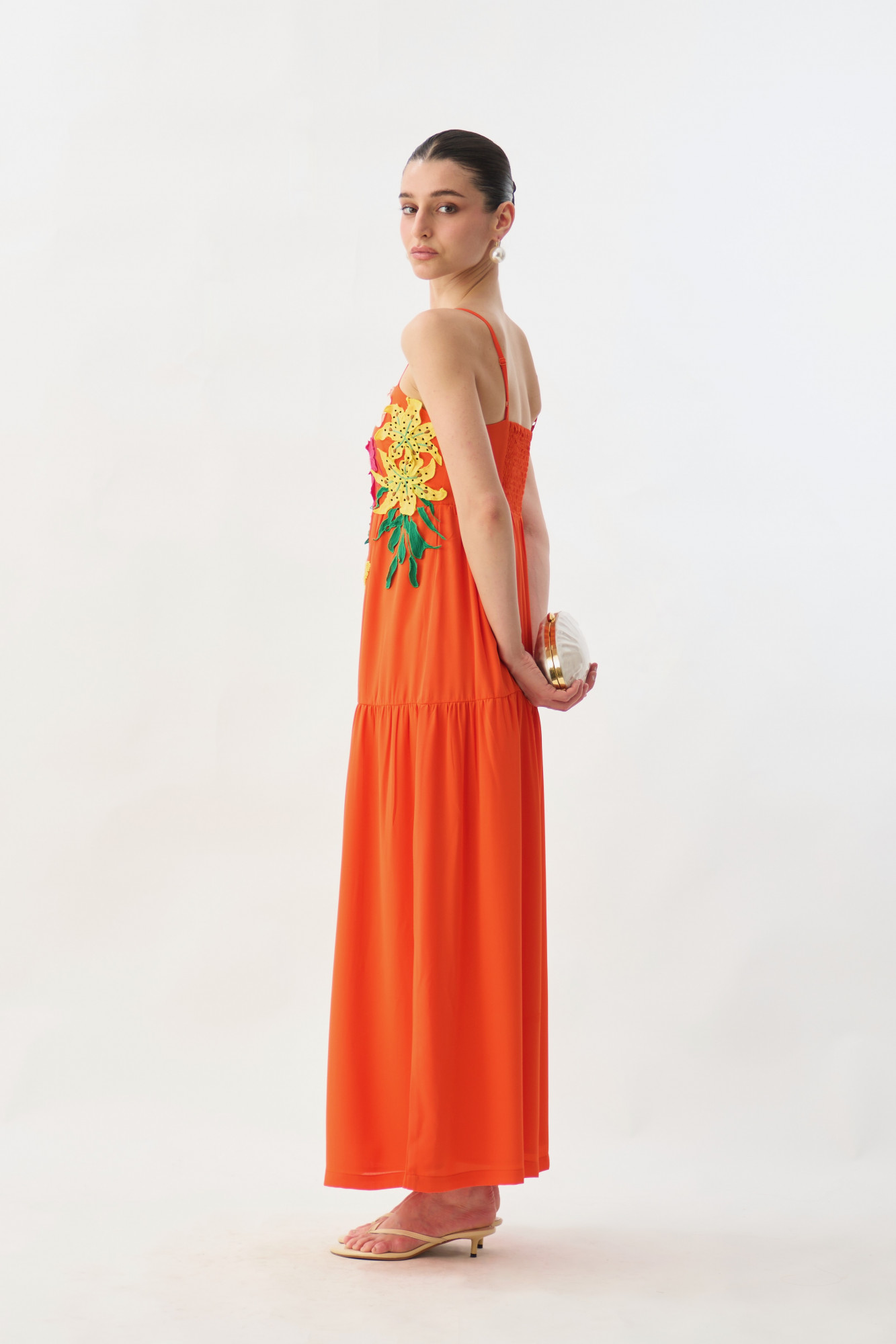 GARDEN OF SICILIA TANGERINE COLOR MIDI LENGTH TIER DRESS WITH DELICATE FLORAL MULTI COLOR EMBROIDERY