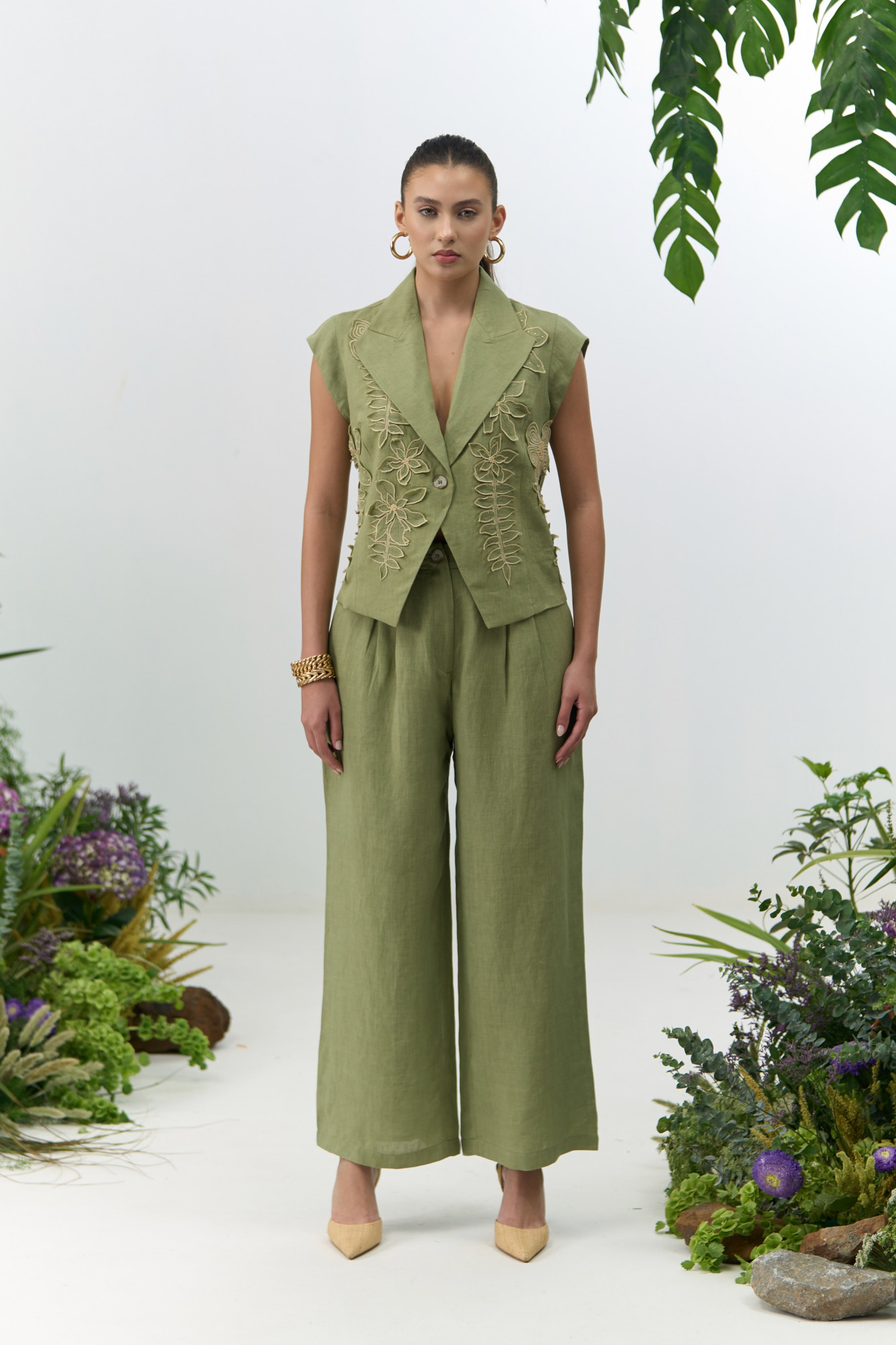 ATELIER RIVIERA OLIVE COLOR COTTON LINEN CROPPED JACKET PANTS CO-ORD SET WITH 3D FLOWER EMBROIDERY