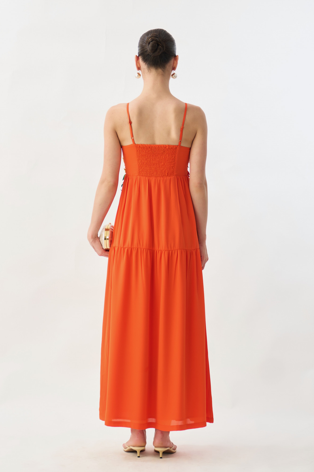 GARDEN OF SICILIA TANGERINE COLOR MIDI LENGTH TIER DRESS WITH DELICATE FLORAL MULTI COLOR EMBROIDERY