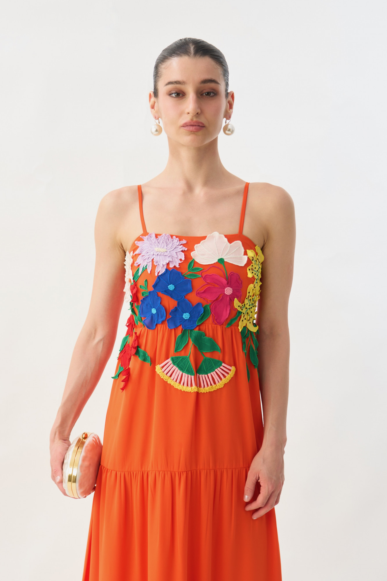 GARDEN OF SICILIA TANGERINE COLOR MIDI LENGTH TIER DRESS WITH DELICATE FLORAL MULTI COLOR EMBROIDERY