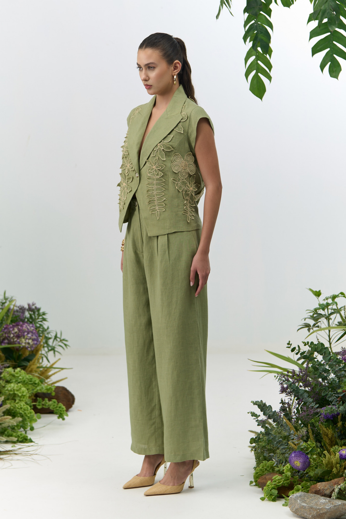 ATELIER RIVIERA OLIVE COLOR COTTON LINEN CROPPED JACKET PANTS CO-ORD SET WITH 3D FLOWER EMBROIDERY