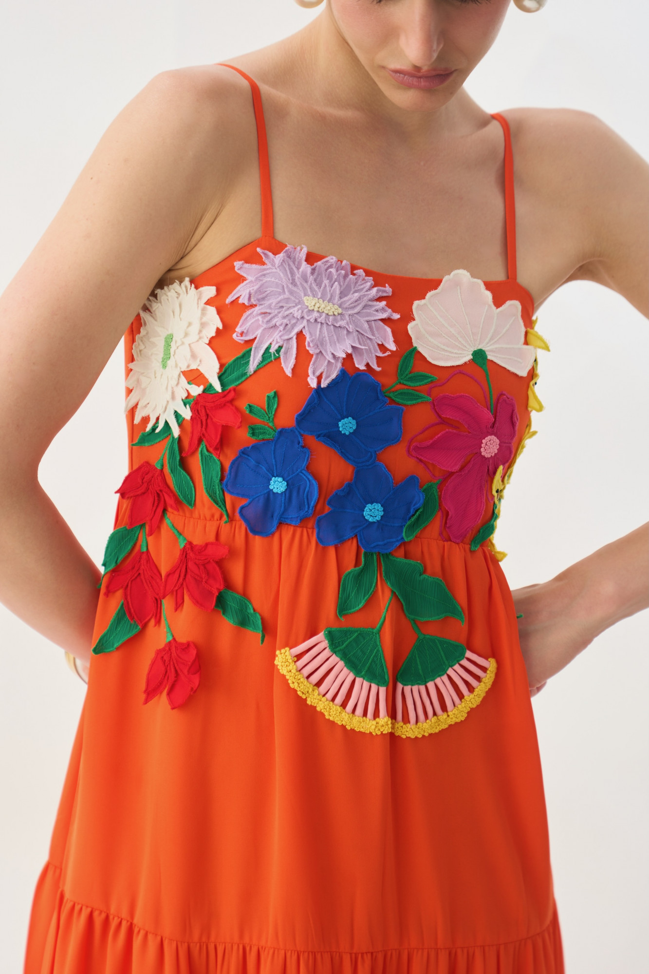 GARDEN OF SICILIA TANGERINE COLOR MIDI LENGTH TIER DRESS WITH DELICATE FLORAL MULTI COLOR EMBROIDERY