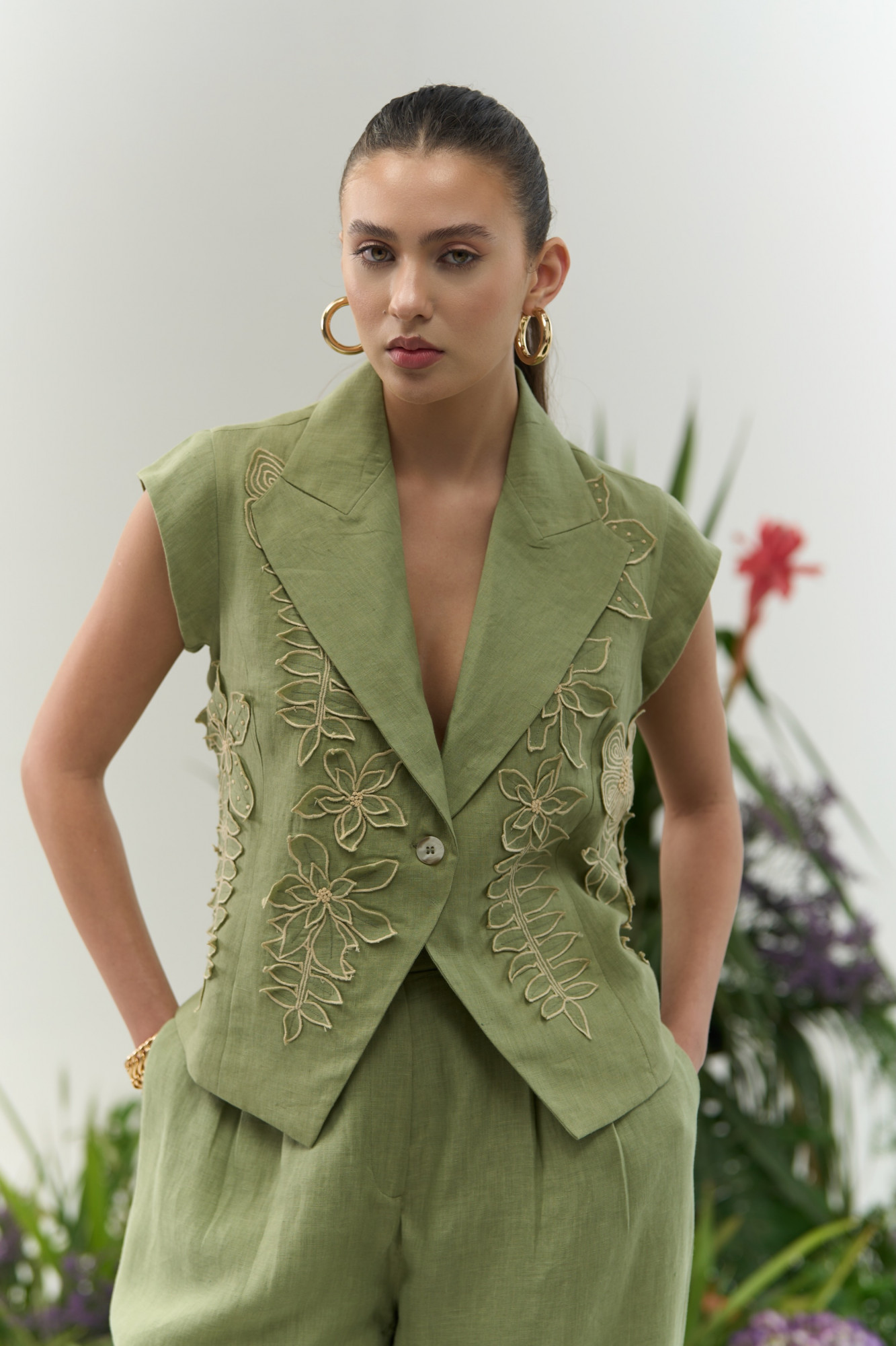 ATELIER RIVIERA OLIVE COLOR COTTON LINEN CROPPED JACKET PANTS CO-ORD SET WITH 3D FLOWER EMBROIDERY