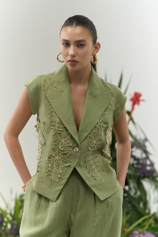 Image of ATELIER RIVIERA OLIVE COLOR COTTON LINEN CROPPED JACKET &amp; PANTS CO-ORD SET WITH 3D FLOWER EMBROIDERY