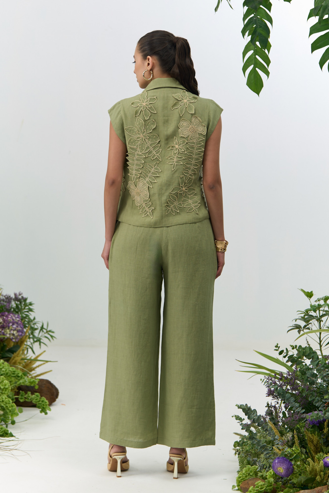 ATELIER RIVIERA OLIVE COLOR COTTON LINEN CROPPED JACKET PANTS CO-ORD SET WITH 3D FLOWER EMBROIDERY