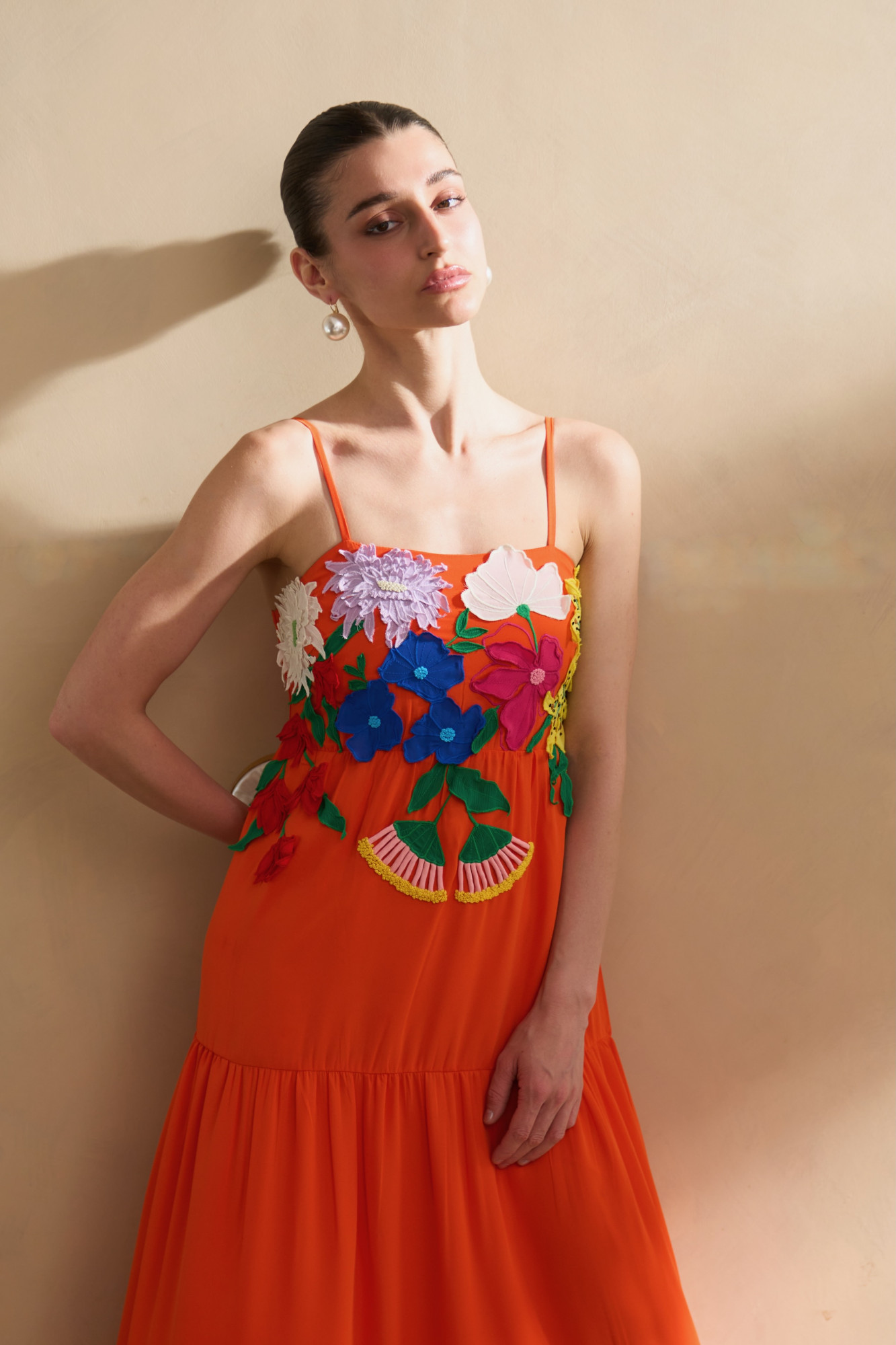 GARDEN OF SICILIA TANGERINE COLOR MIDI LENGTH TIER DRESS WITH DELICATE FLORAL MULTI COLOR EMBROIDERY