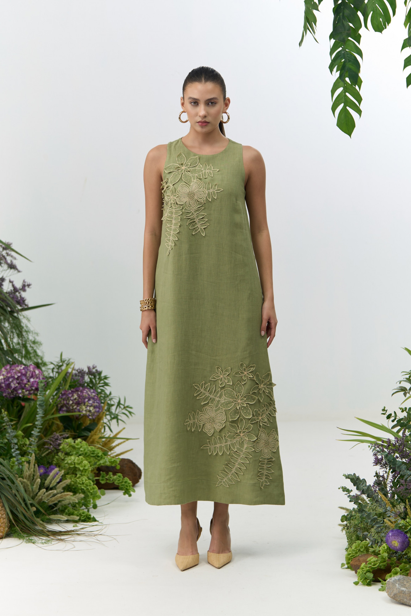 ATELIER RIVIERA OLIVE COLOR COTTON LINEN SLEEVELESS MIDI LENGTH DRESS WITH 3D FLOWER EMBROIDERY