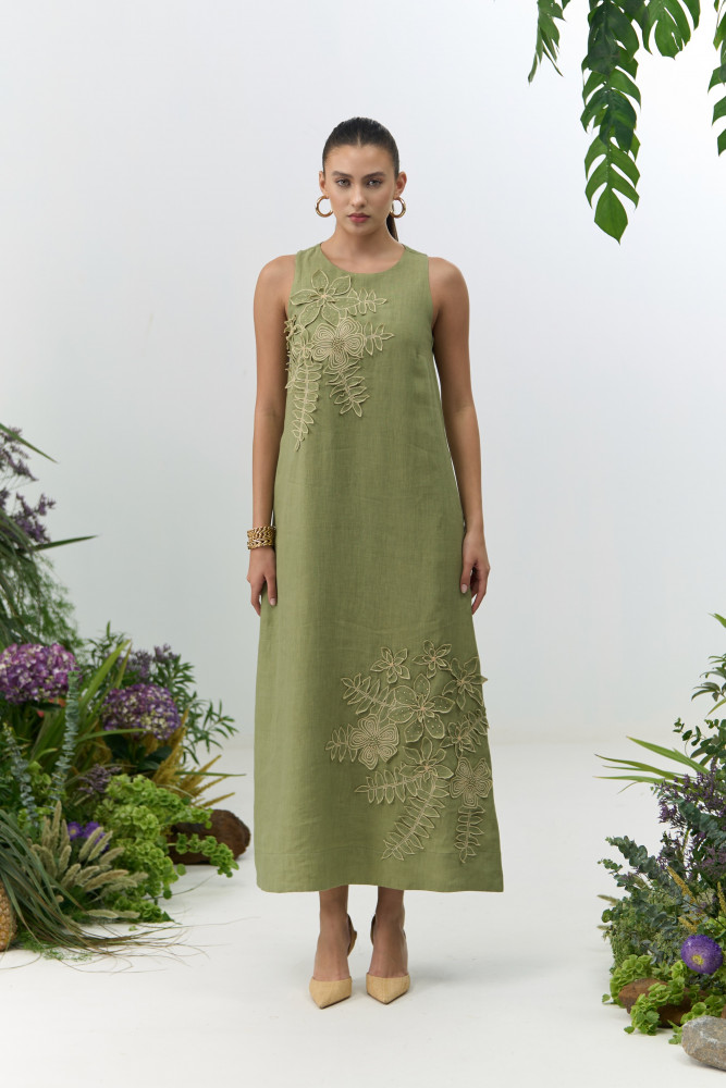 Image of ATELIER RIVIERA OLIVE COLOR COTTON LINEN SLEEVELESS MIDI LENGTH DRESS WITH 3D FLOWER EMBROIDERY