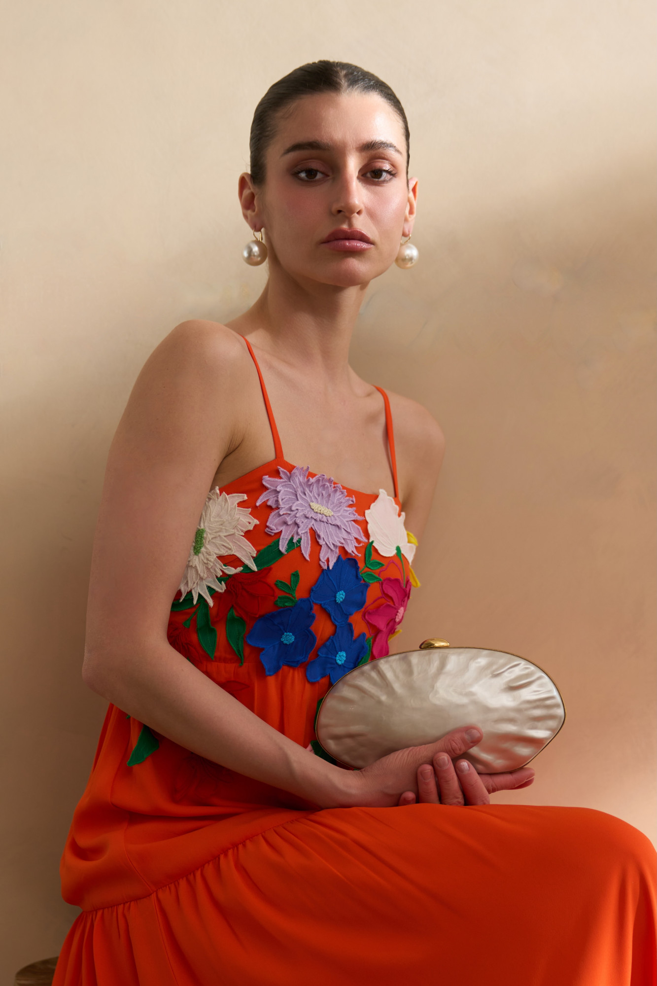GARDEN OF SICILIA TANGERINE COLOR MIDI LENGTH TIER DRESS WITH DELICATE FLORAL MULTI COLOR EMBROIDERY