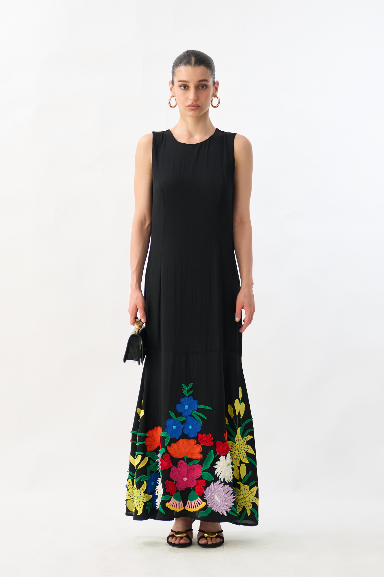 GARDEN OF SICILIA BLACK COLOR MAXI DRESS WITH DELICATE FLORAL MULTI COLOR EMBROIDERY