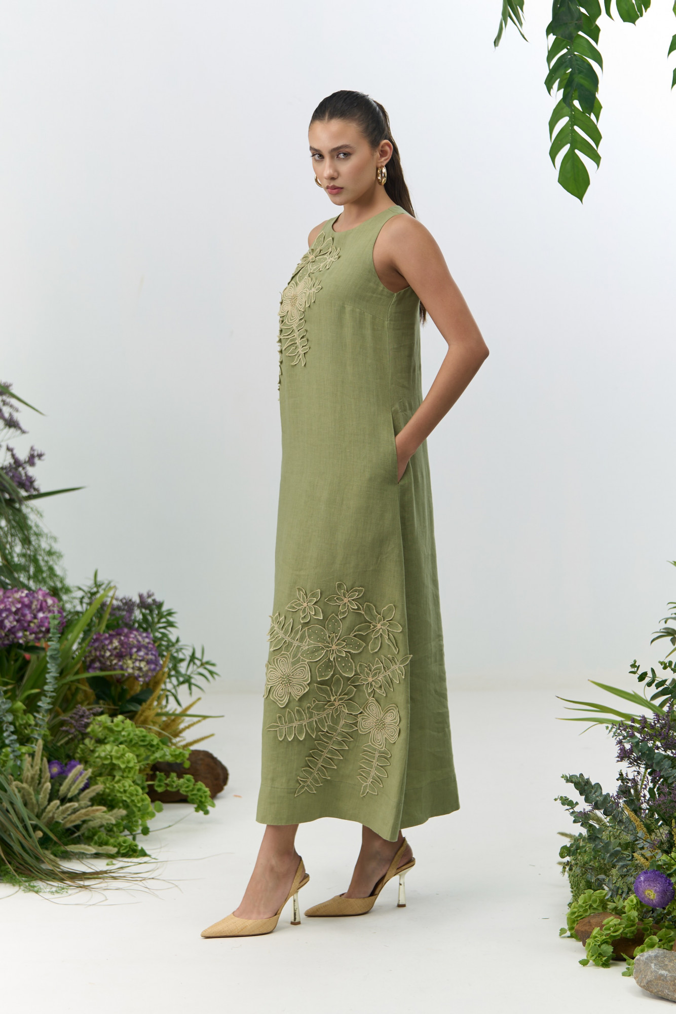 ATELIER RIVIERA OLIVE COLOR COTTON LINEN SLEEVELESS MIDI LENGTH DRESS WITH 3D FLOWER EMBROIDERY