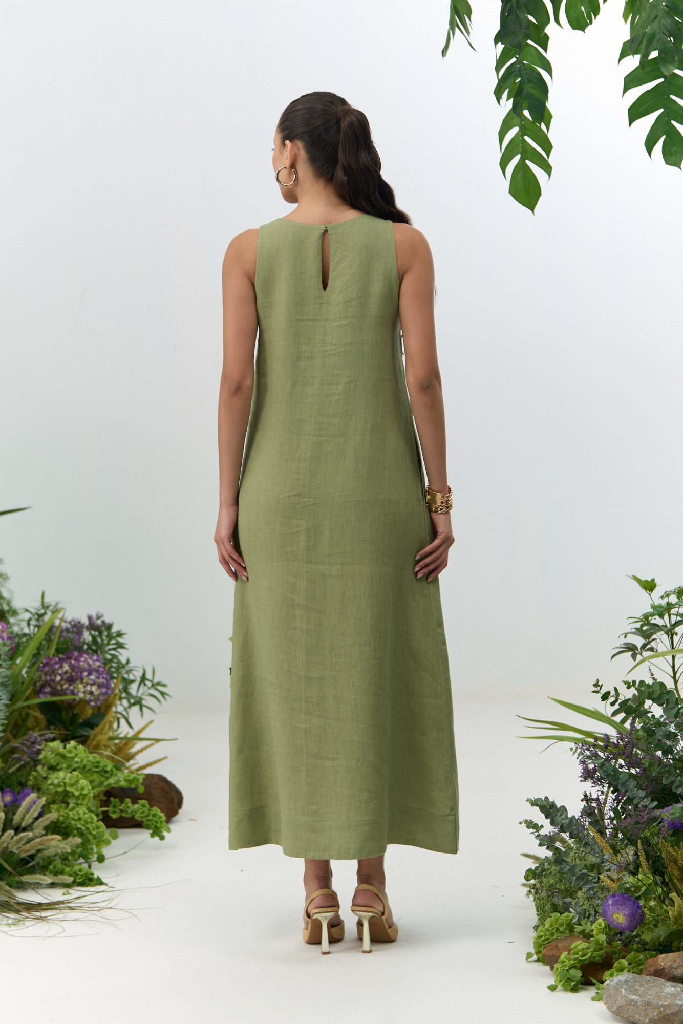 ATELIER RIVIERA OLIVE COLOR COTTON LINEN SLEEVELESS MIDI LENGTH DRESS WITH 3D FLOWER EMBROIDERY