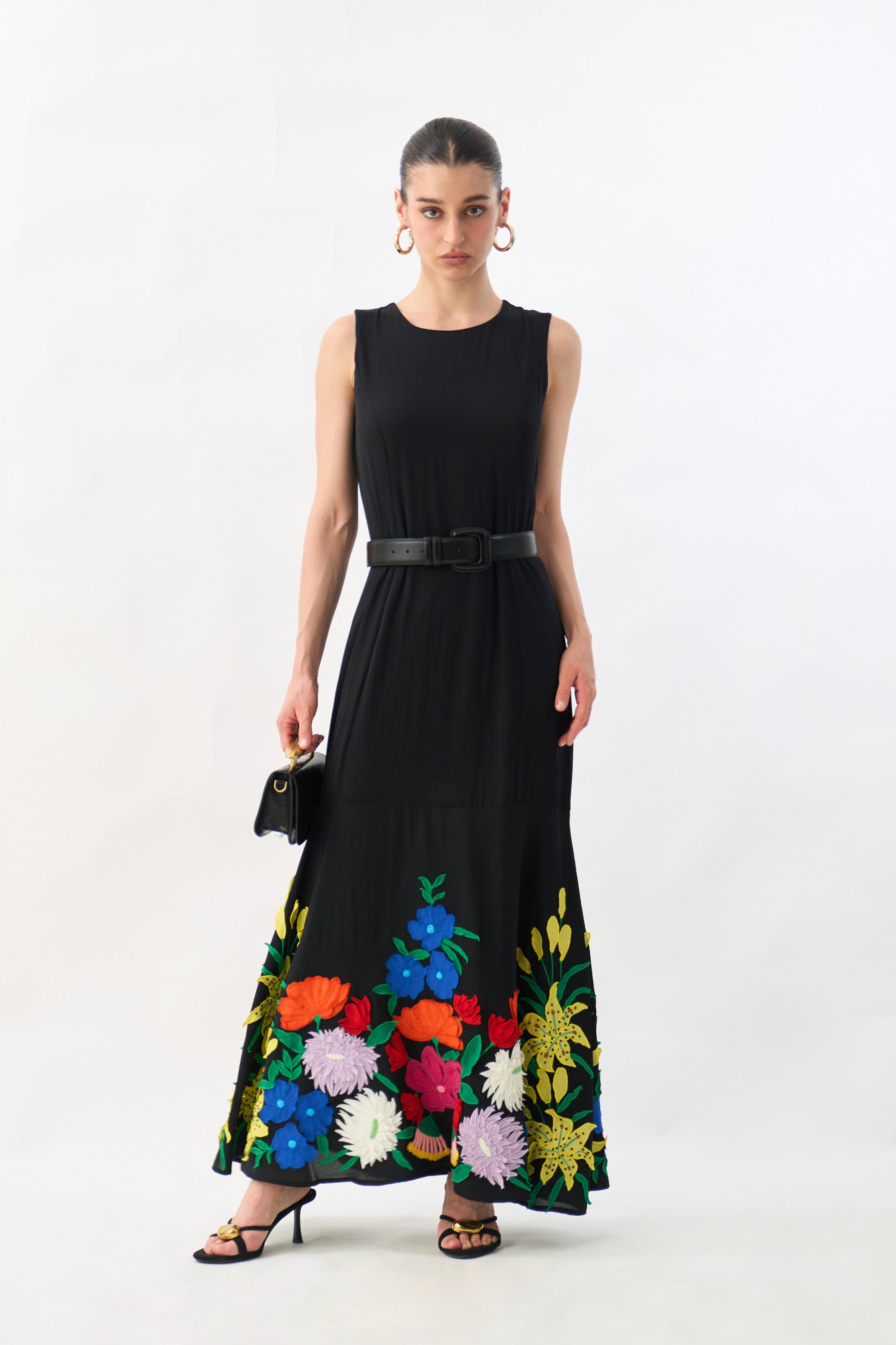 GARDEN OF SICILIA BLACK COLOR MAXI DRESS WITH DELICATE FLORAL MULTI COLOR EMBROIDERY