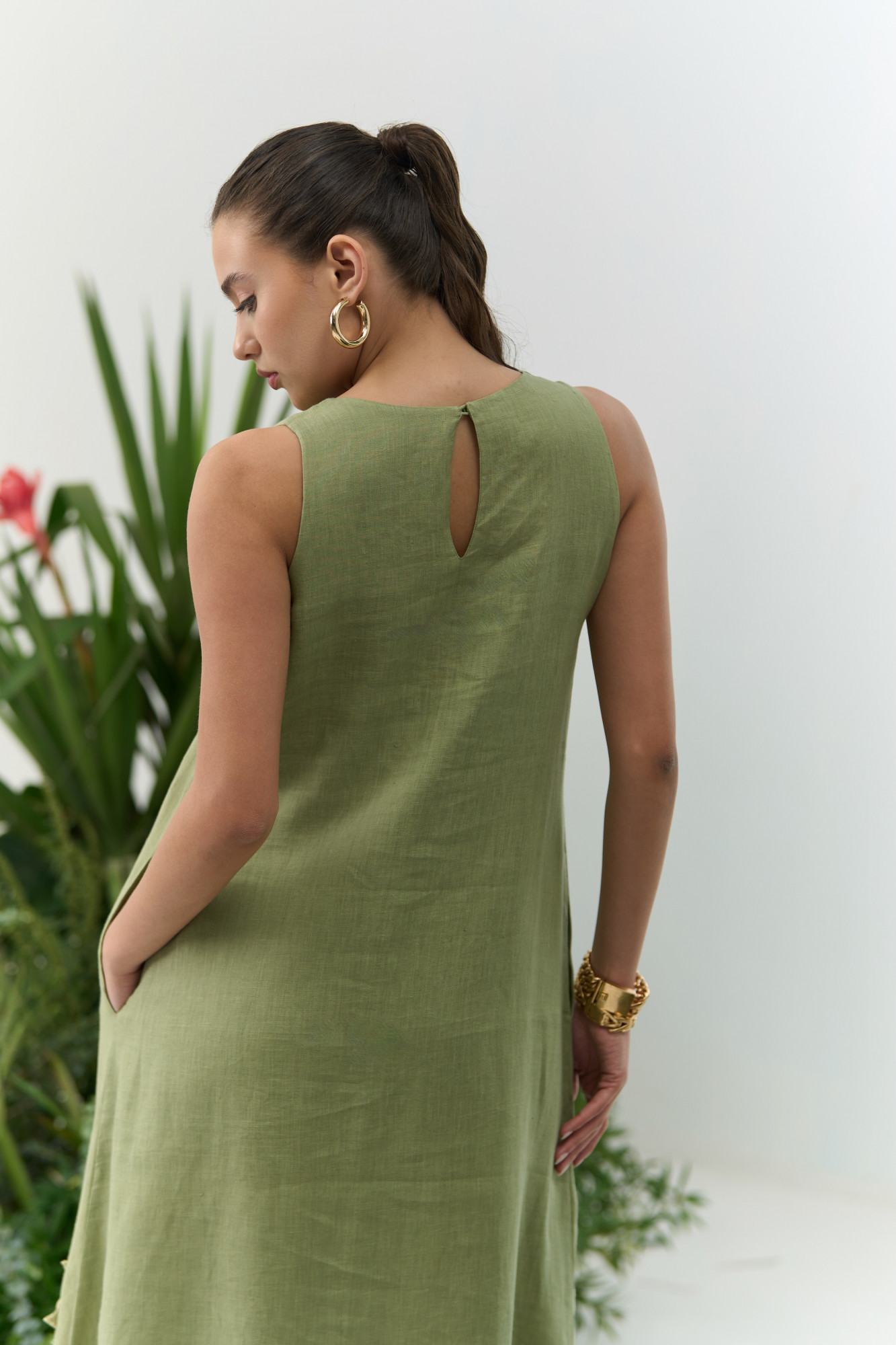 ATELIER RIVIERA OLIVE COLOR COTTON LINEN SLEEVELESS MIDI LENGTH DRESS WITH 3D FLOWER EMBROIDERY