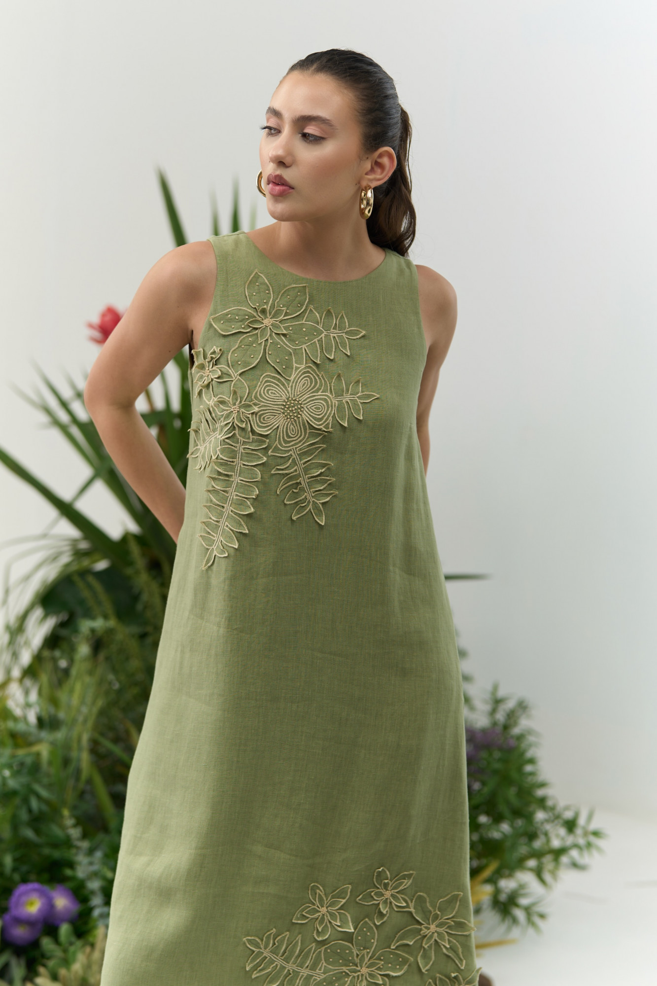 ATELIER RIVIERA OLIVE COLOR COTTON LINEN SLEEVELESS MIDI LENGTH DRESS WITH 3D FLOWER EMBROIDERY