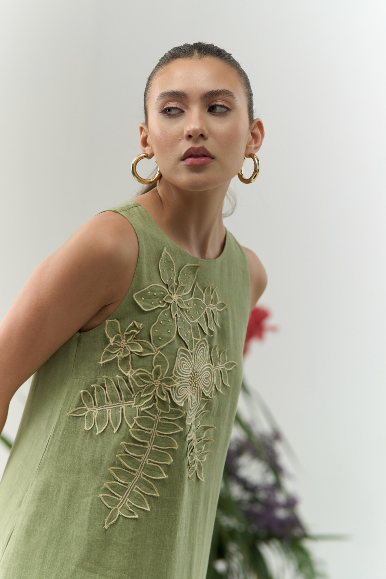 ATELIER RIVIERA OLIVE COLOR COTTON LINEN SLEEVELESS MIDI LENGTH DRESS WITH 3D FLOWER EMBROIDERY