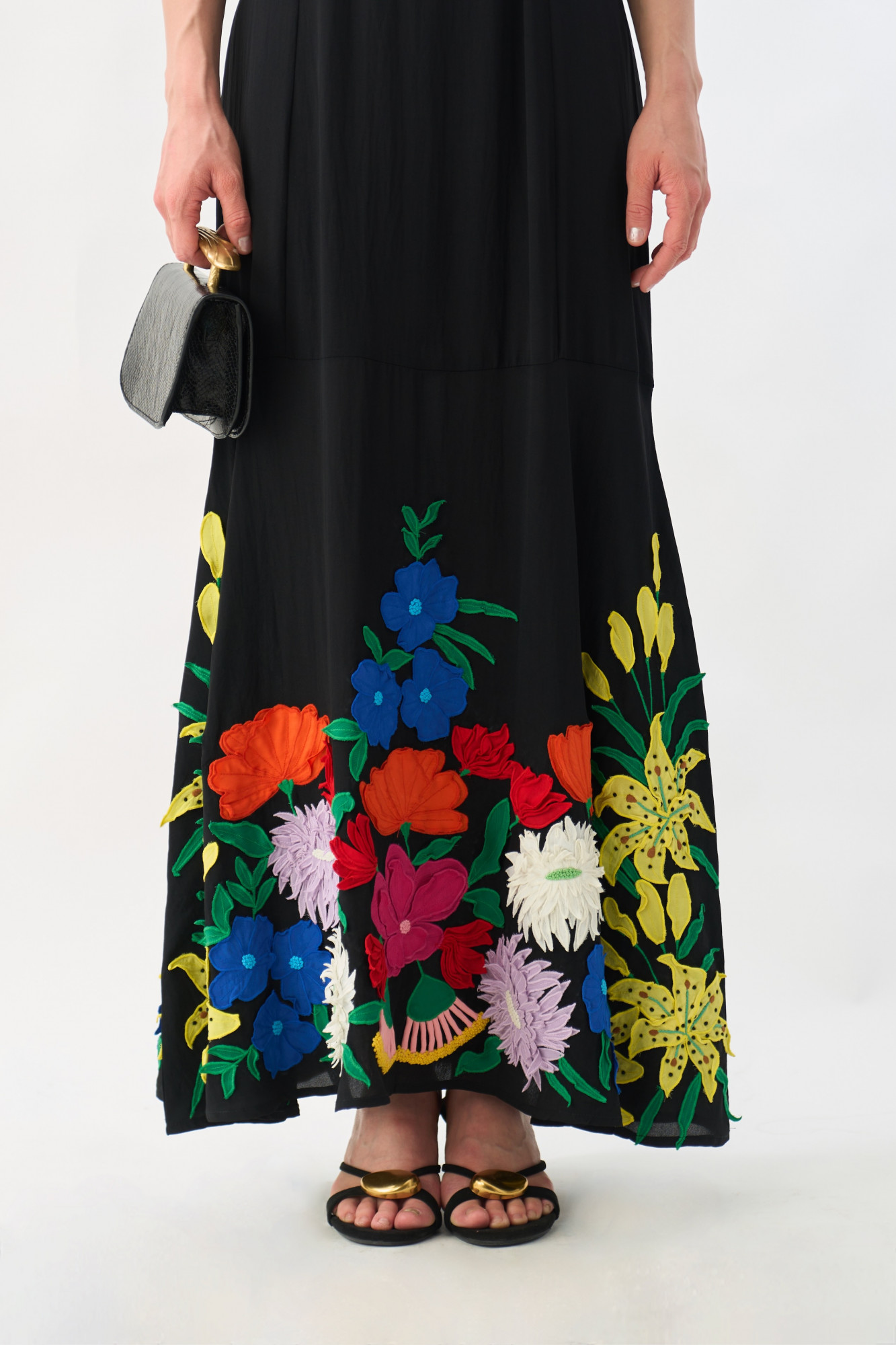 GARDEN OF SICILIA BLACK COLOR MAXI DRESS WITH DELICATE FLORAL MULTI COLOR EMBROIDERY