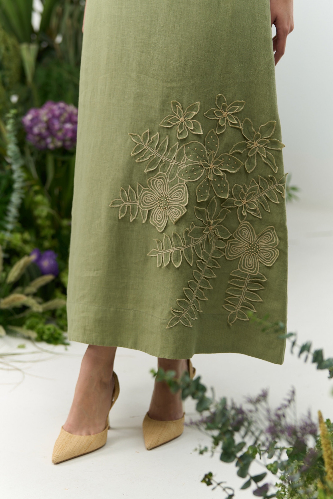 ATELIER RIVIERA OLIVE COLOR COTTON LINEN SLEEVELESS MIDI LENGTH DRESS WITH 3D FLOWER EMBROIDERY