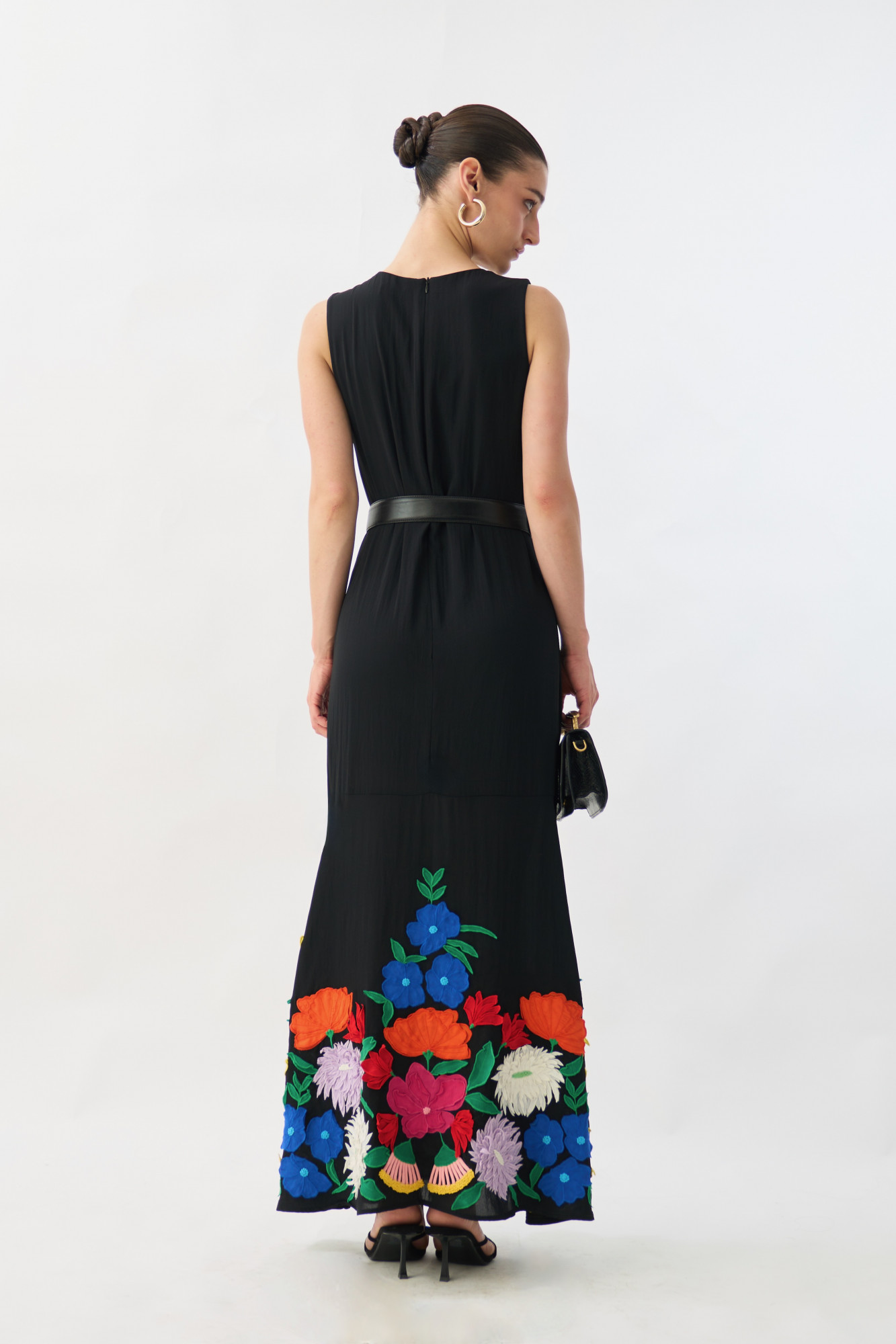 GARDEN OF SICILIA BLACK COLOR MAXI DRESS WITH DELICATE FLORAL MULTI COLOR EMBROIDERY