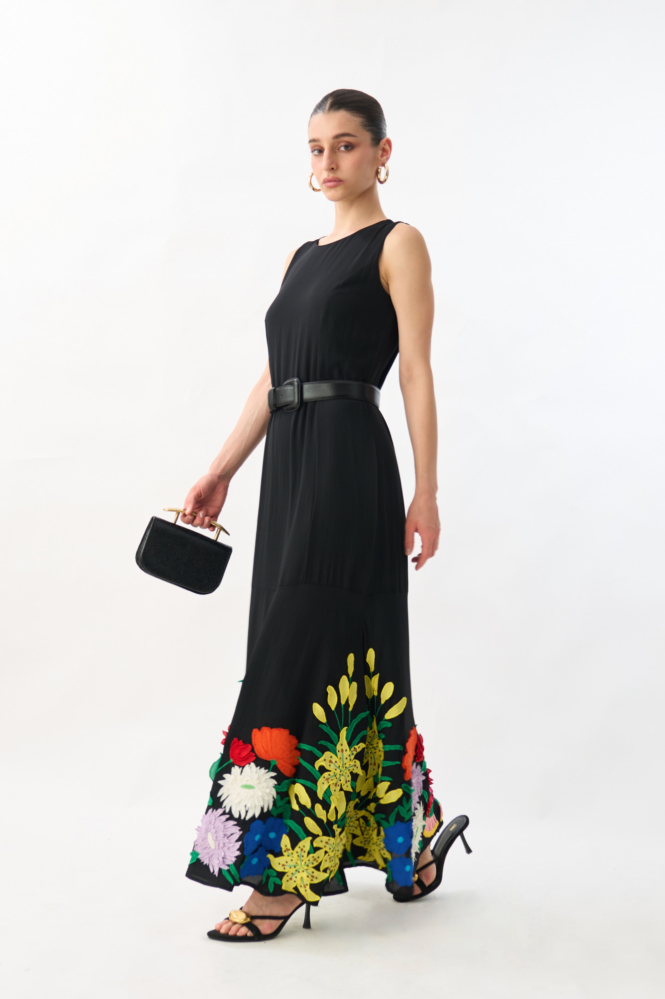 GARDEN OF SICILIA BLACK COLOR MAXI DRESS WITH DELICATE FLORAL MULTI COLOR EMBROIDERY