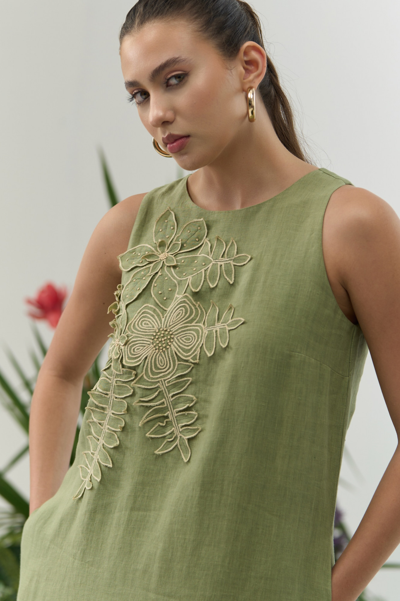 ATELIER RIVIERA OLIVE COLOR COTTON LINEN SLEEVELESS MIDI LENGTH DRESS WITH 3D FLOWER EMBROIDERY