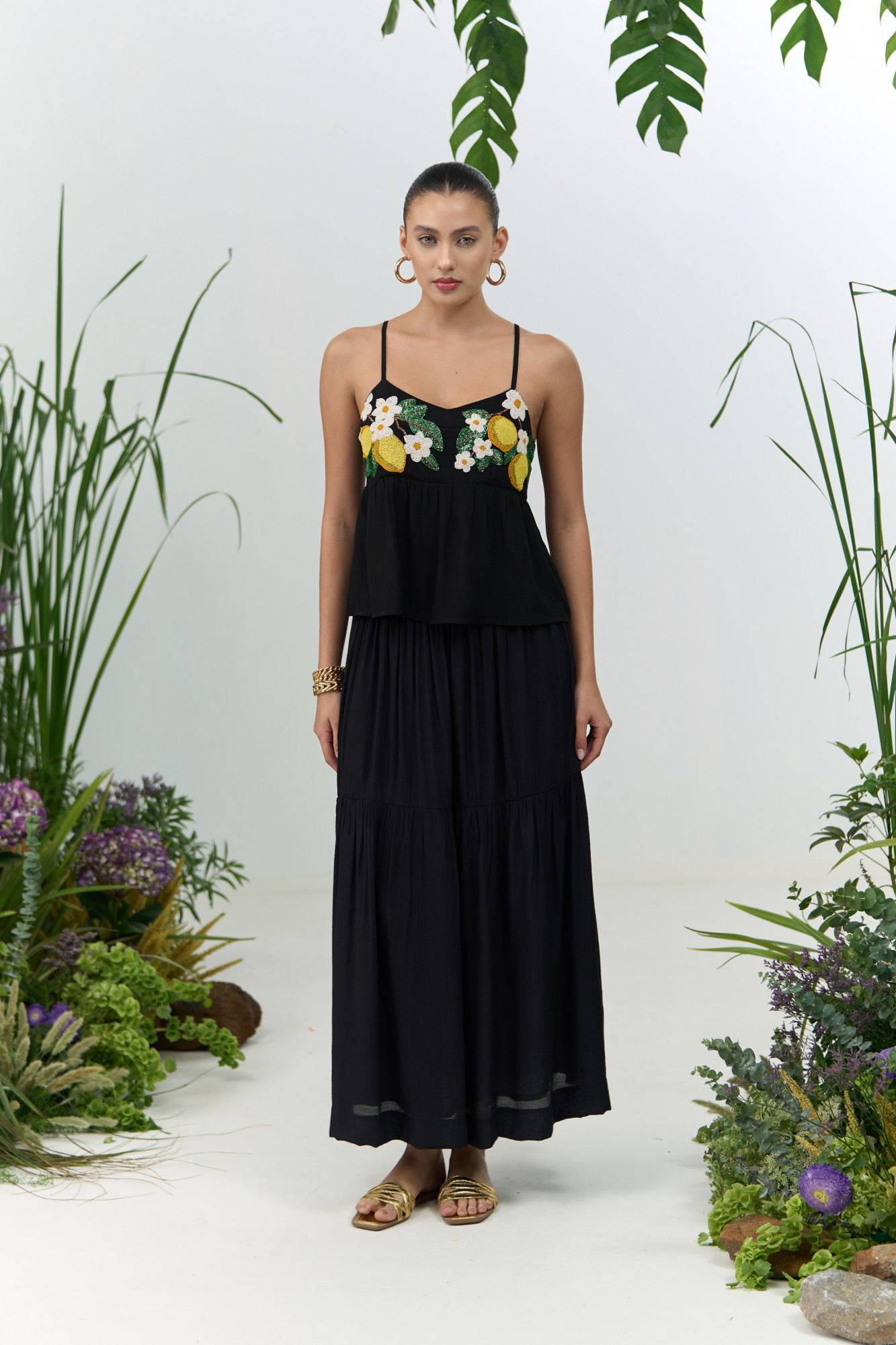 ATELIER RIVIERA BLACK VISCOSE CREPE LEMON EMBROIDERY CAMI TOP SKIRT CO-ORD SET