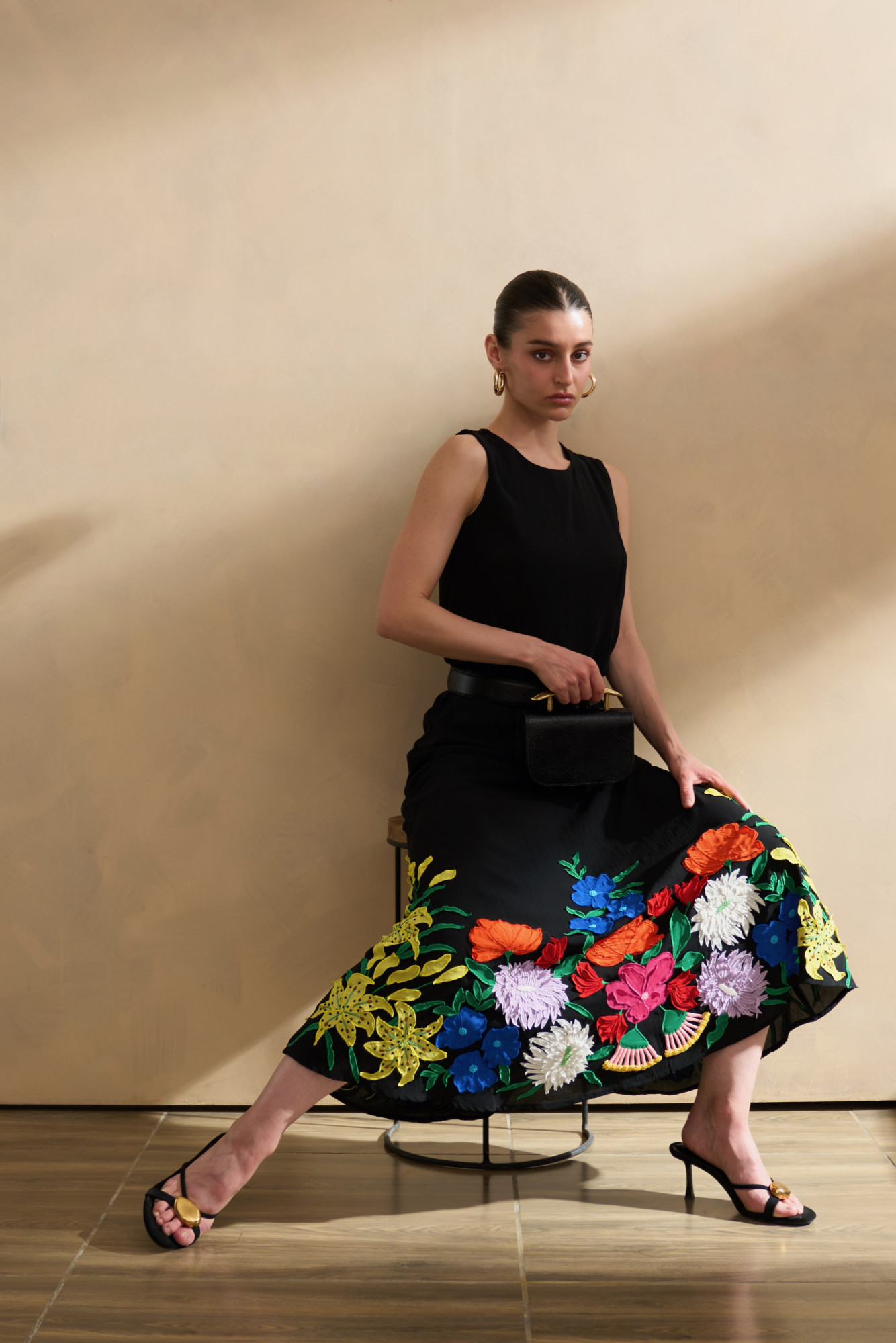 GARDEN OF SICILIA BLACK COLOR MAXI DRESS WITH DELICATE FLORAL MULTI COLOR EMBROIDERY