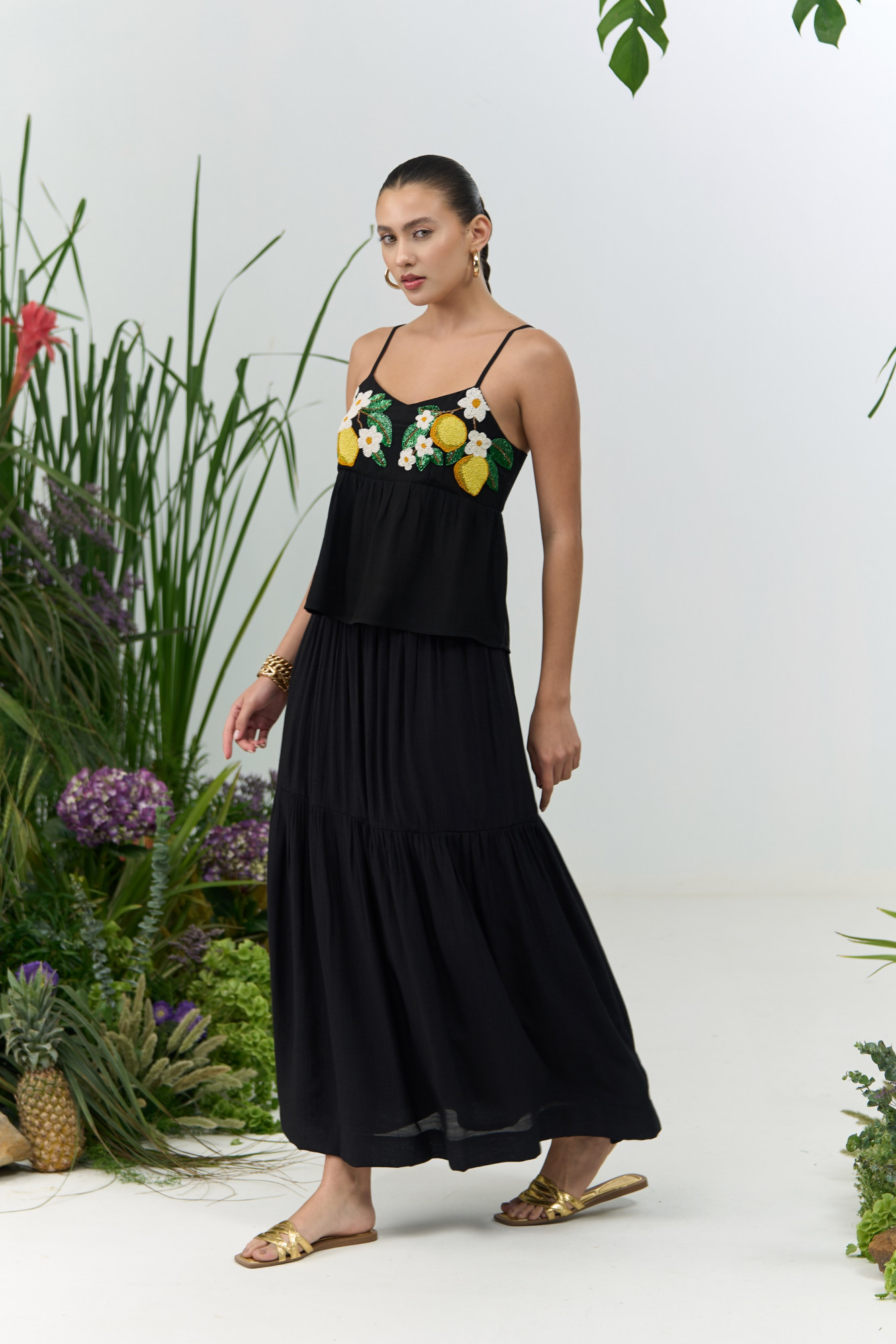 ATELIER RIVIERA BLACK VISCOSE CREPE LEMON EMBROIDERY CAMI TOP  SKIRT CO-ORD SET
