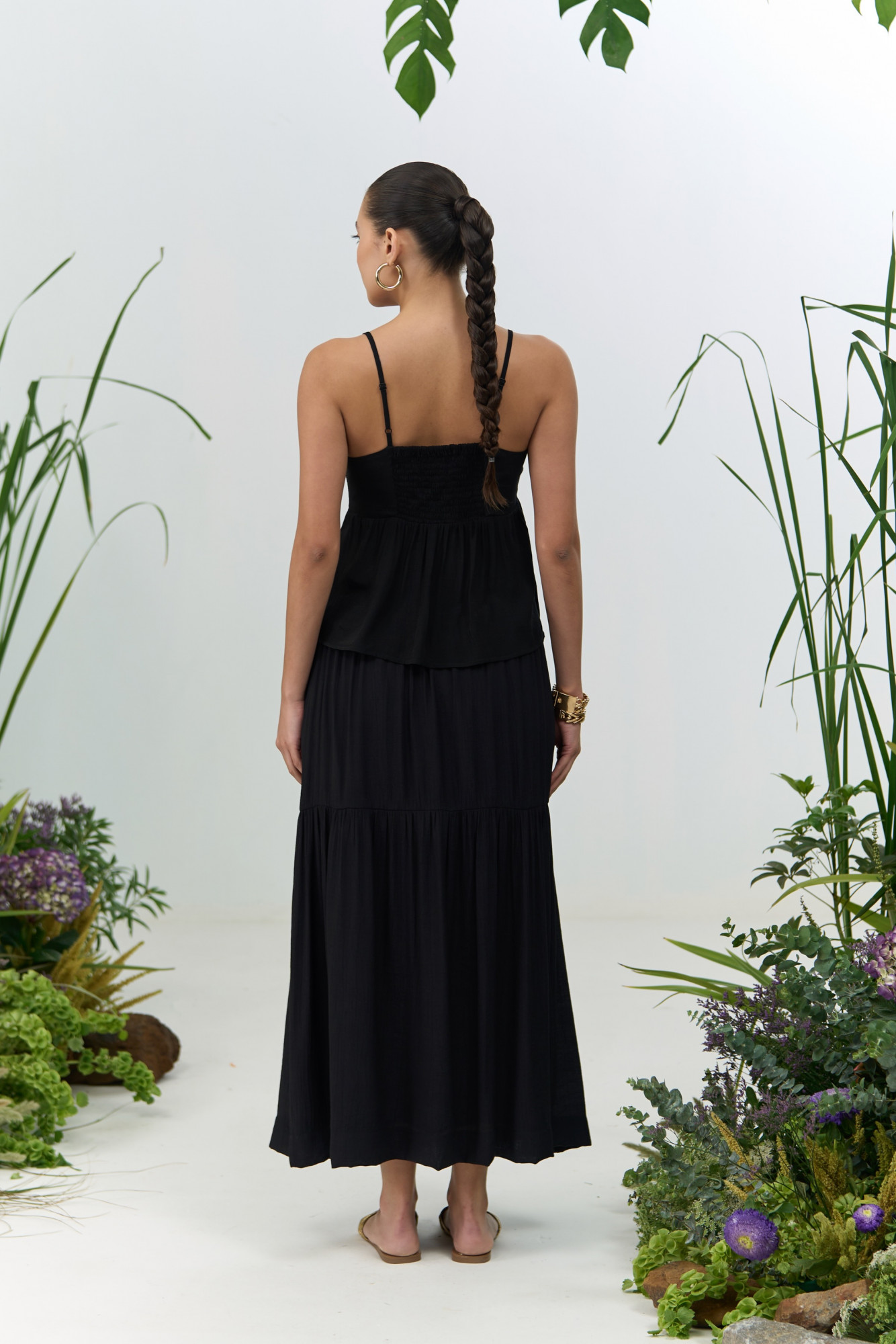 ATELIER RIVIERA BLACK VISCOSE CREPE LEMON EMBROIDERY CAMI TOP SKIRT CO-ORD SET