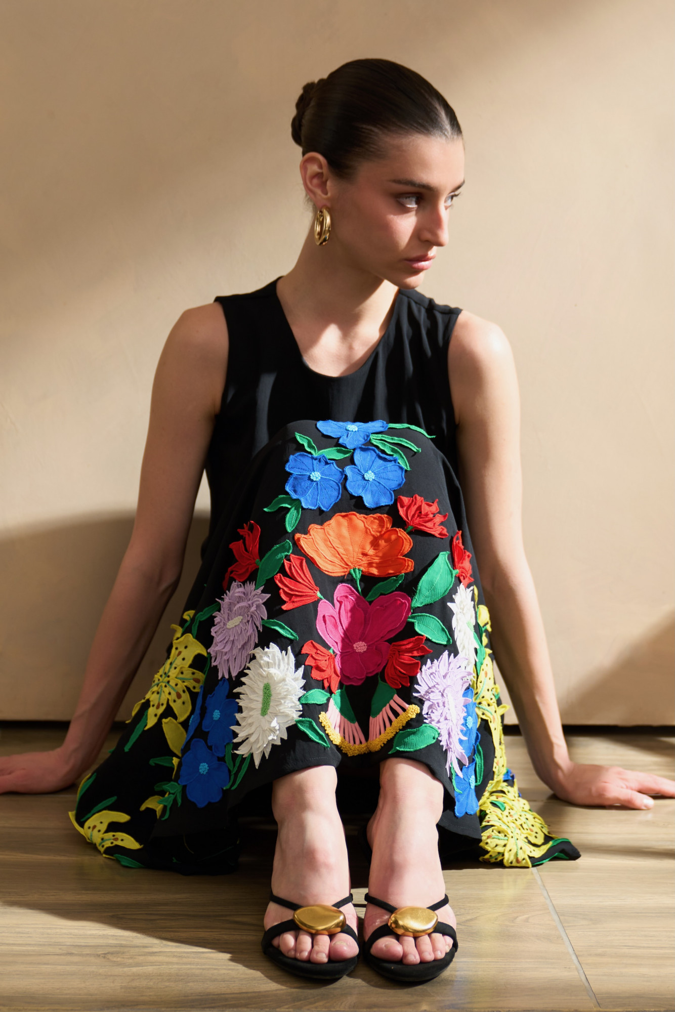 GARDEN OF SICILIA BLACK COLOR MAXI DRESS WITH DELICATE FLORAL MULTI COLOR EMBROIDERY