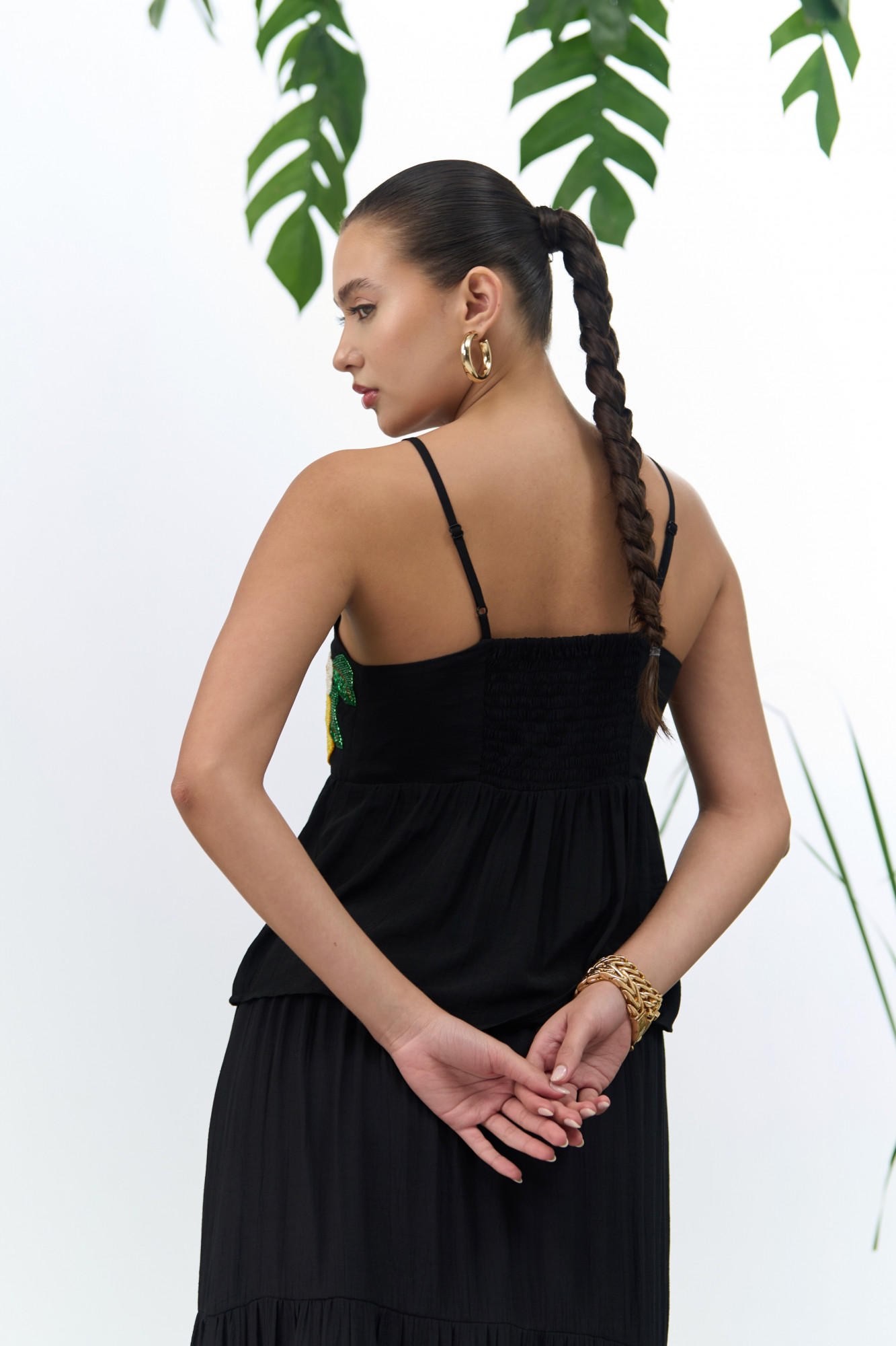 ATELIER RIVIERA BLACK VISCOSE CREPE LEMON EMBROIDERY CAMI TOP  SKIRT CO-ORD SET