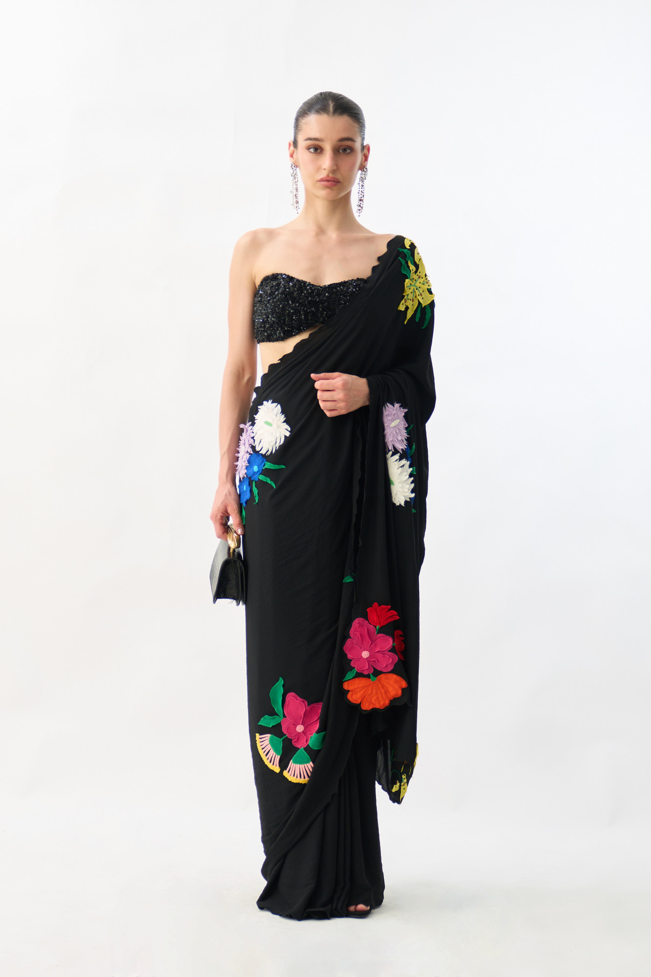 GARDEN OF SICILIA BLACK COLOR SARI WITH FLORAL EMBROIDERY ALL OVER AND FULLY SEQUINED BUSTIER BLOUSE