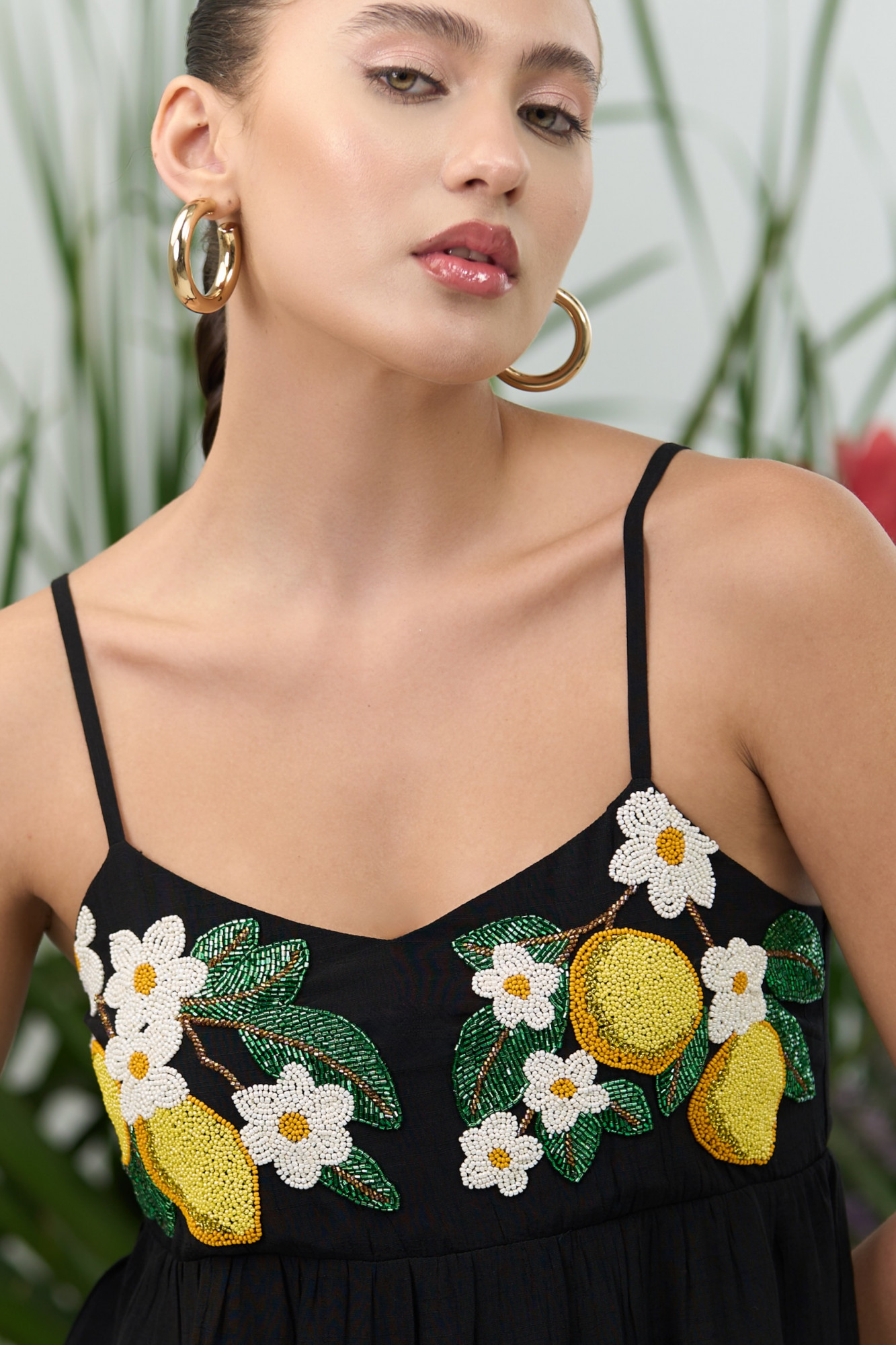 ATELIER RIVIERA BLACK VISCOSE CREPE CAMI TOP WITH HANDCRAFTED LEMON EMBROIDERY