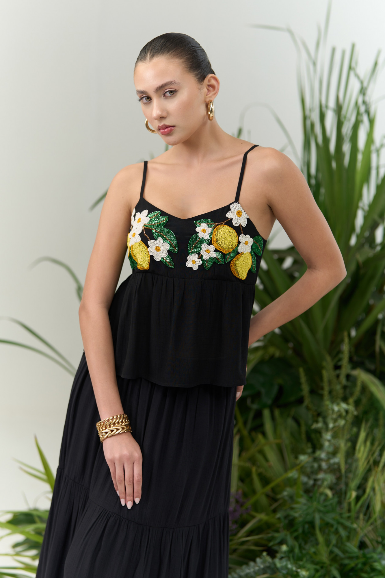 ATELIER RIVIERA BLACK VISCOSE CREPE LEMON EMBROIDERY CAMI TOP SKIRT CO-ORD SET