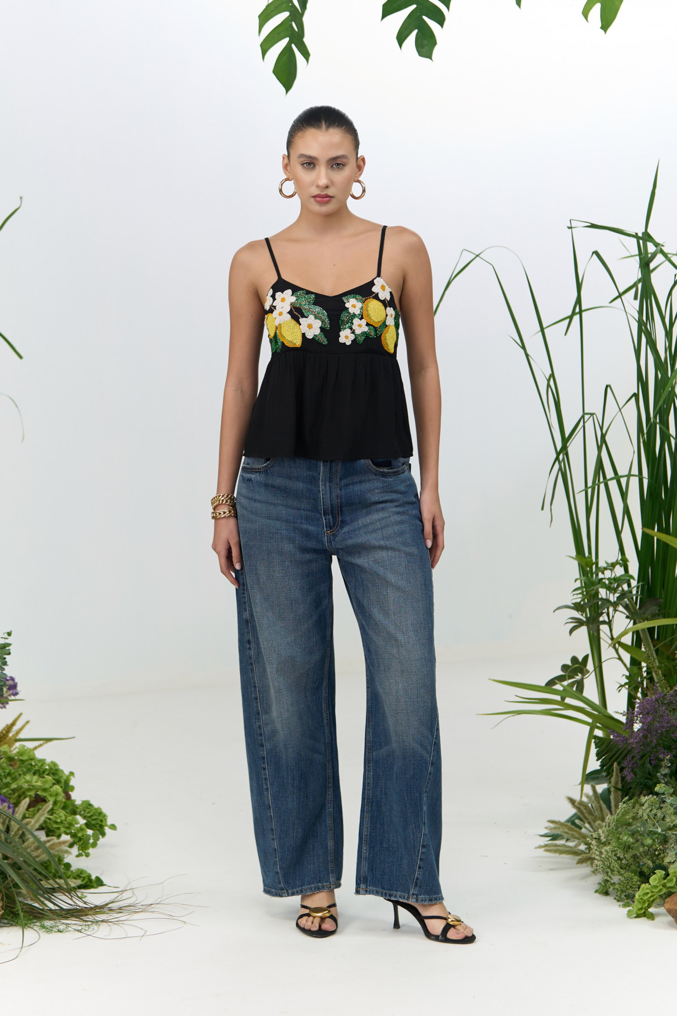 ATELIER RIVIERA BLACK VISCOSE CREPE CAMI TOP WITH HANDCRAFTED LEMON EMBROIDERY
