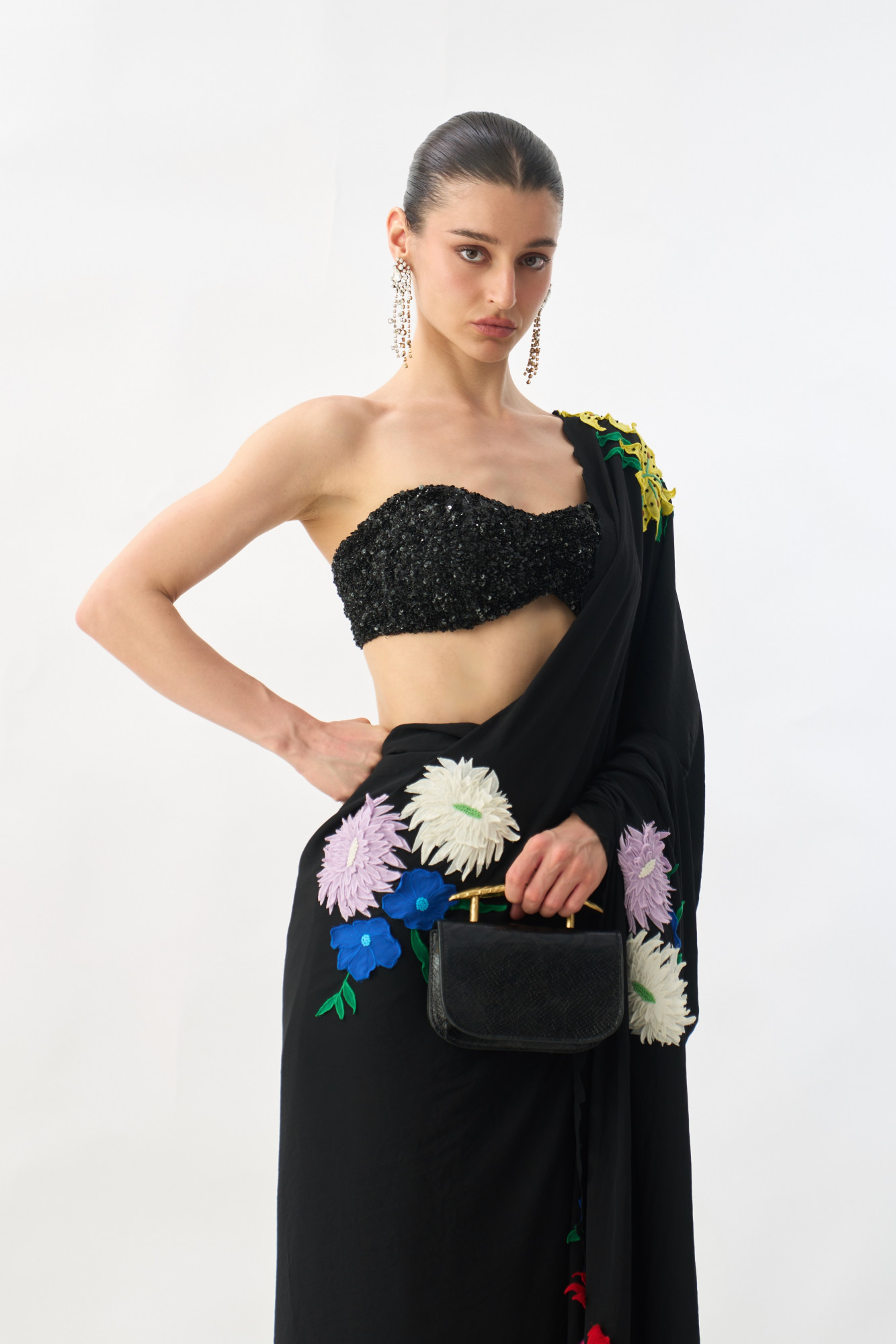 GARDEN OF SICILIA BLACK COLOR SARI WITH FLORAL EMBROIDERY ALL OVER AND FULLY SEQUINED BUSTIER BLOUSE