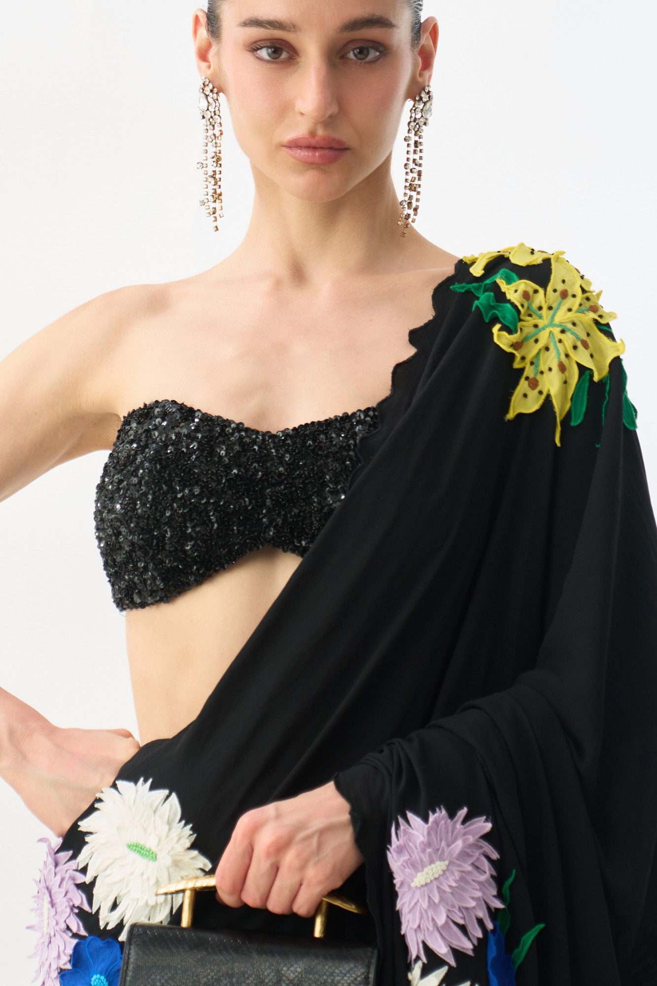 GARDEN OF SICILIA BLACK COLOR SARI WITH FLORAL EMBROIDERY ALL OVER AND FULLY SEQUINED BUSTIER BLOUSE