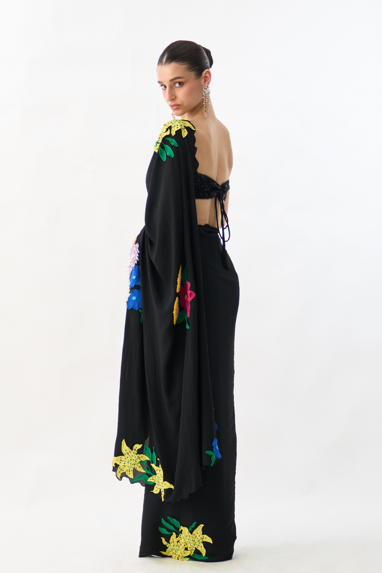GARDEN OF SICILIA BLACK COLOR SARI WITH FLORAL EMBROIDERY ALL OVER AND FULLY SEQUINED BUSTIER BLOUSE