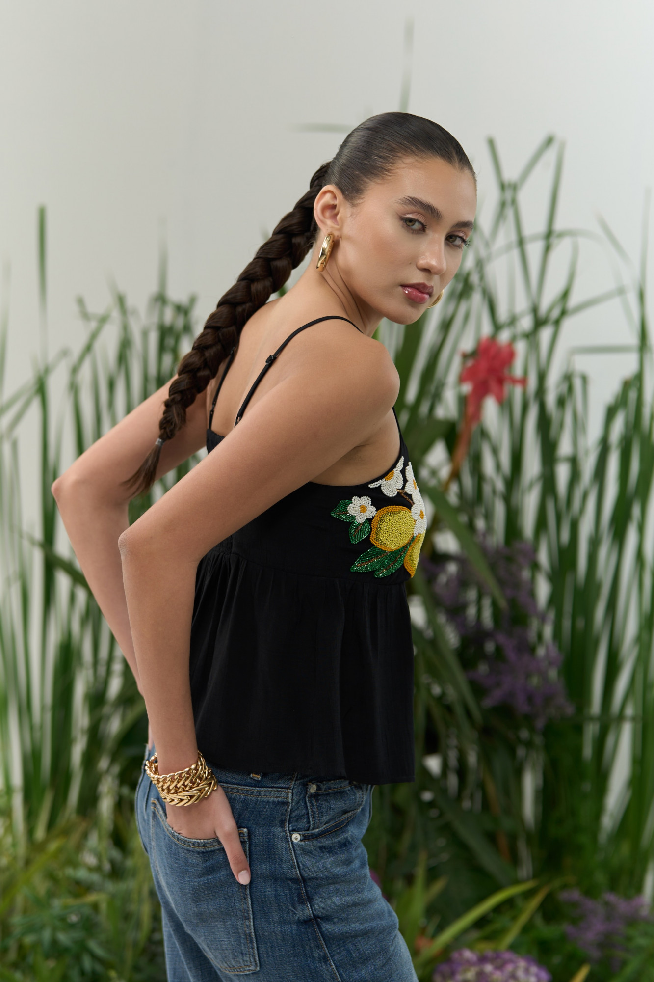 ATELIER RIVIERA BLACK VISCOSE CREPE CAMI TOP WITH HANDCRAFTED LEMON EMBROIDERY