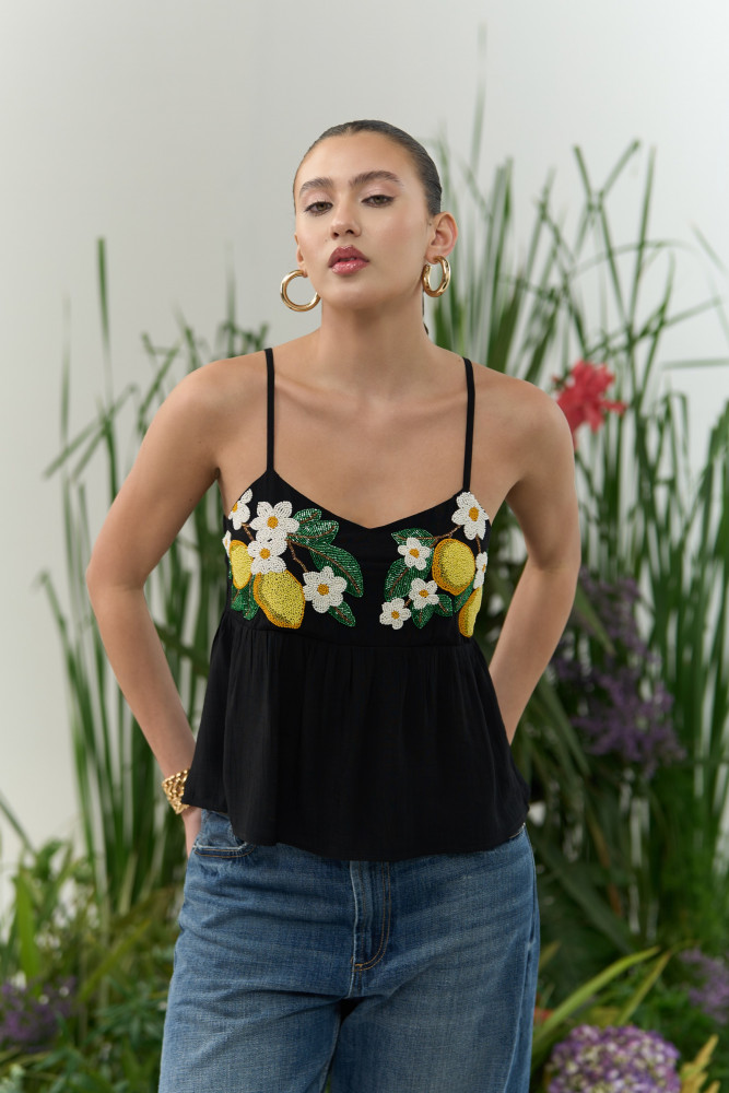 Image of ATELIER RIVIERA BLACK VISCOSE CREPE CAMI TOP WITH HANDCRAFTED LEMON EMBROIDERY