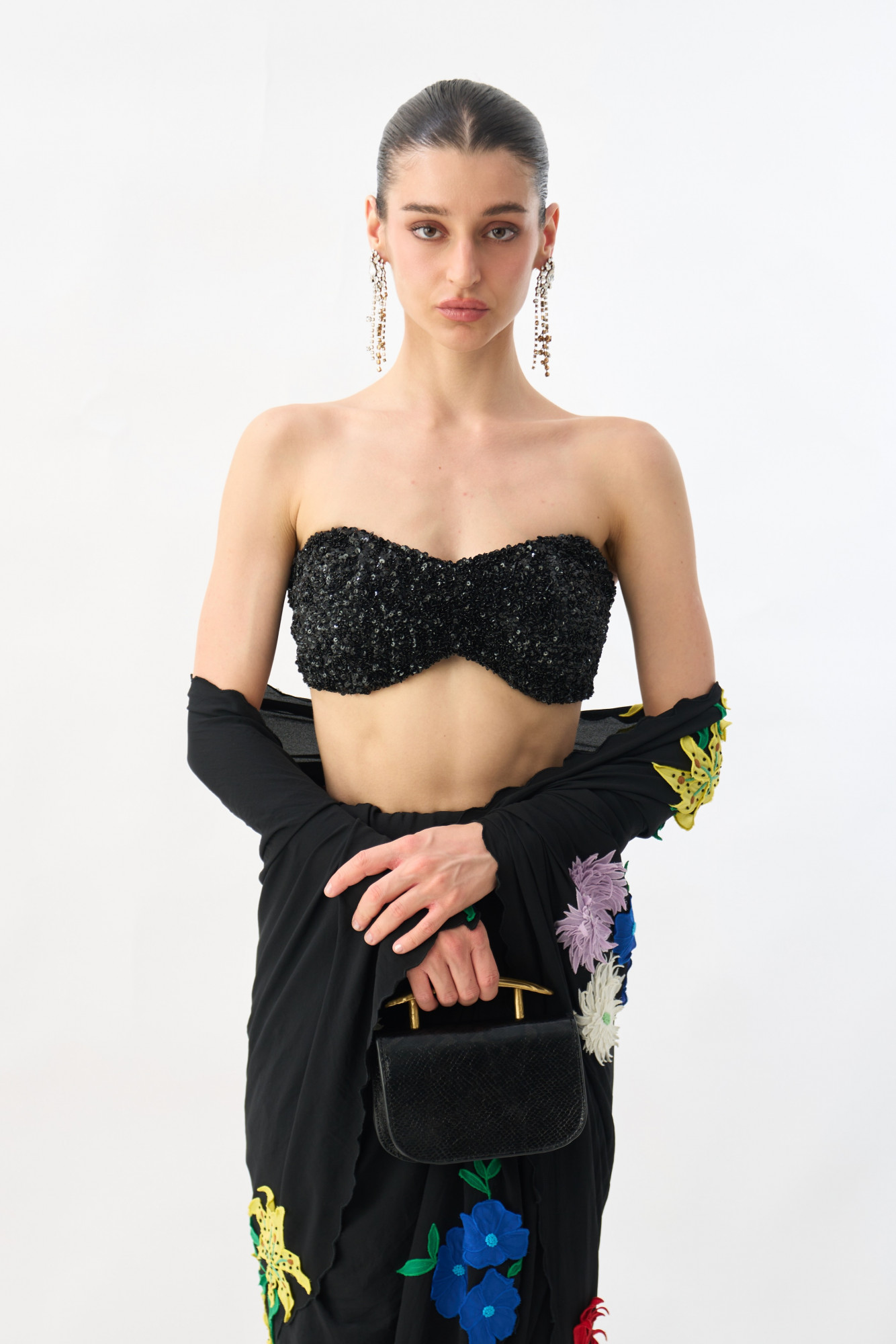 GARDEN OF SICILIA BLACK COLOR SARI WITH FLORAL EMBROIDERY ALL OVER AND FULLY SEQUINED BUSTIER BLOUSE