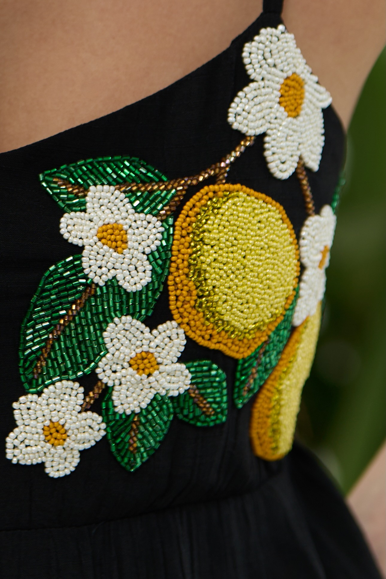 ATELIER RIVIERA BLACK VISCOSE CREPE CAMI TOP WITH HANDCRAFTED LEMON EMBROIDERY