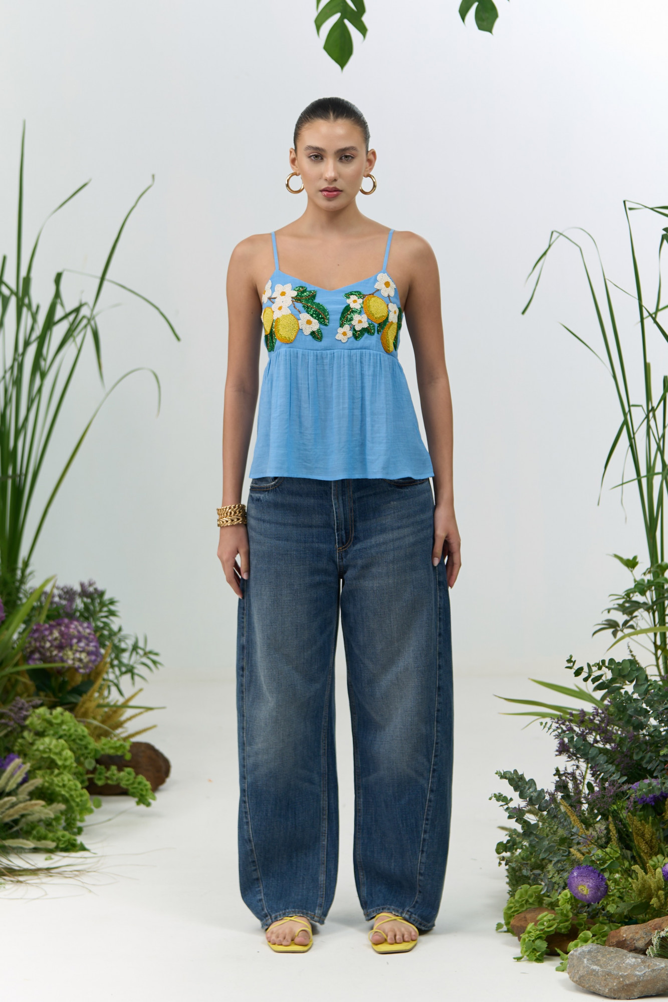 ATELIER RIVIERA LIGHT BLUE VISCOSE CREPE CAMI TOP WITH HANDCRAFTED LEMON EMBROIDERY