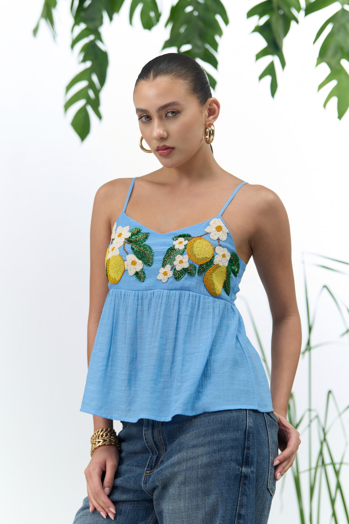 ATELIER RIVIERA LIGHT BLUE VISCOSE CREPE CAMI TOP WITH HANDCRAFTED LEMON EMBROIDERY