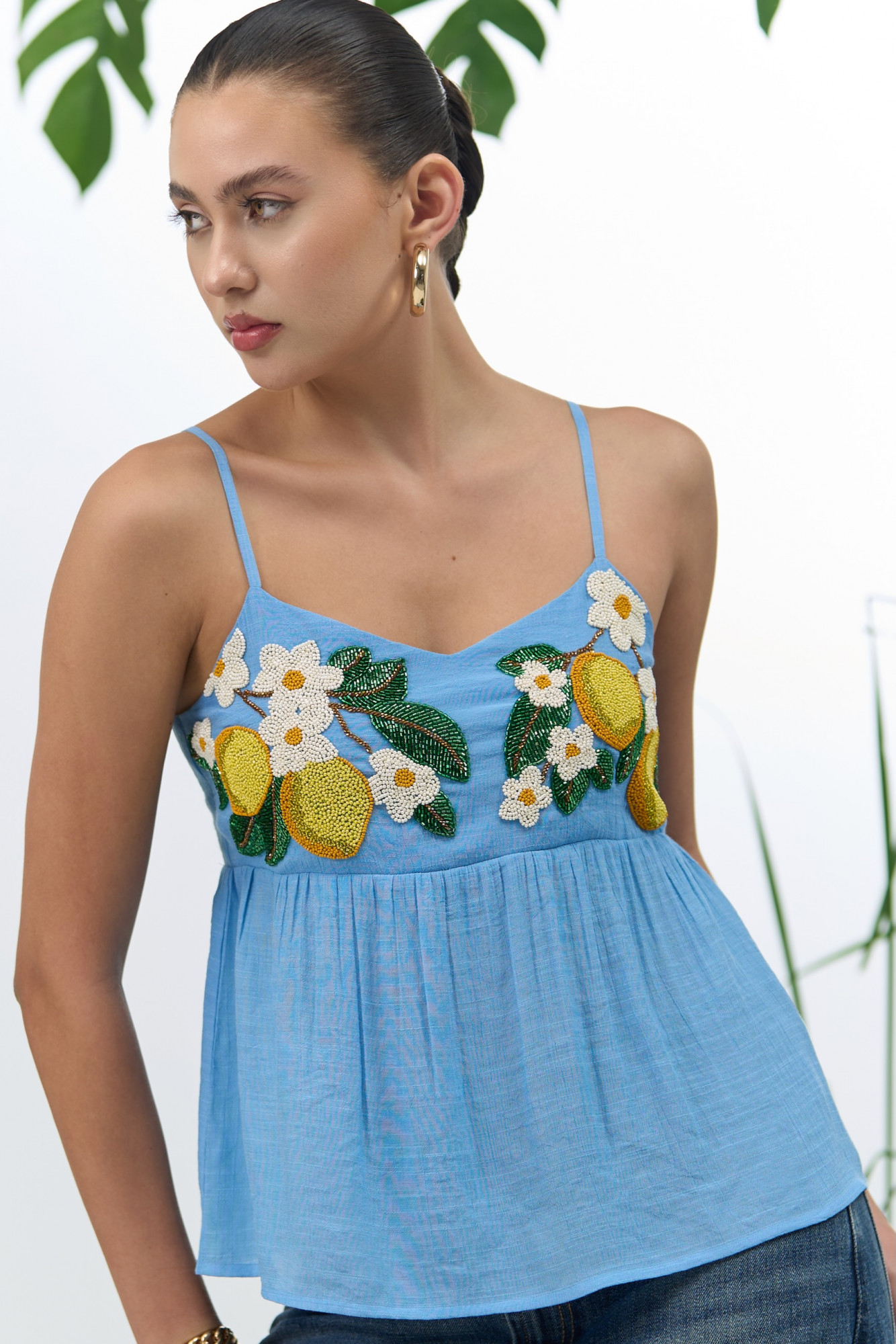 ATELIER RIVIERA LIGHT BLUE VISCOSE CREPE CAMI TOP WITH HANDCRAFTED LEMON EMBROIDERY