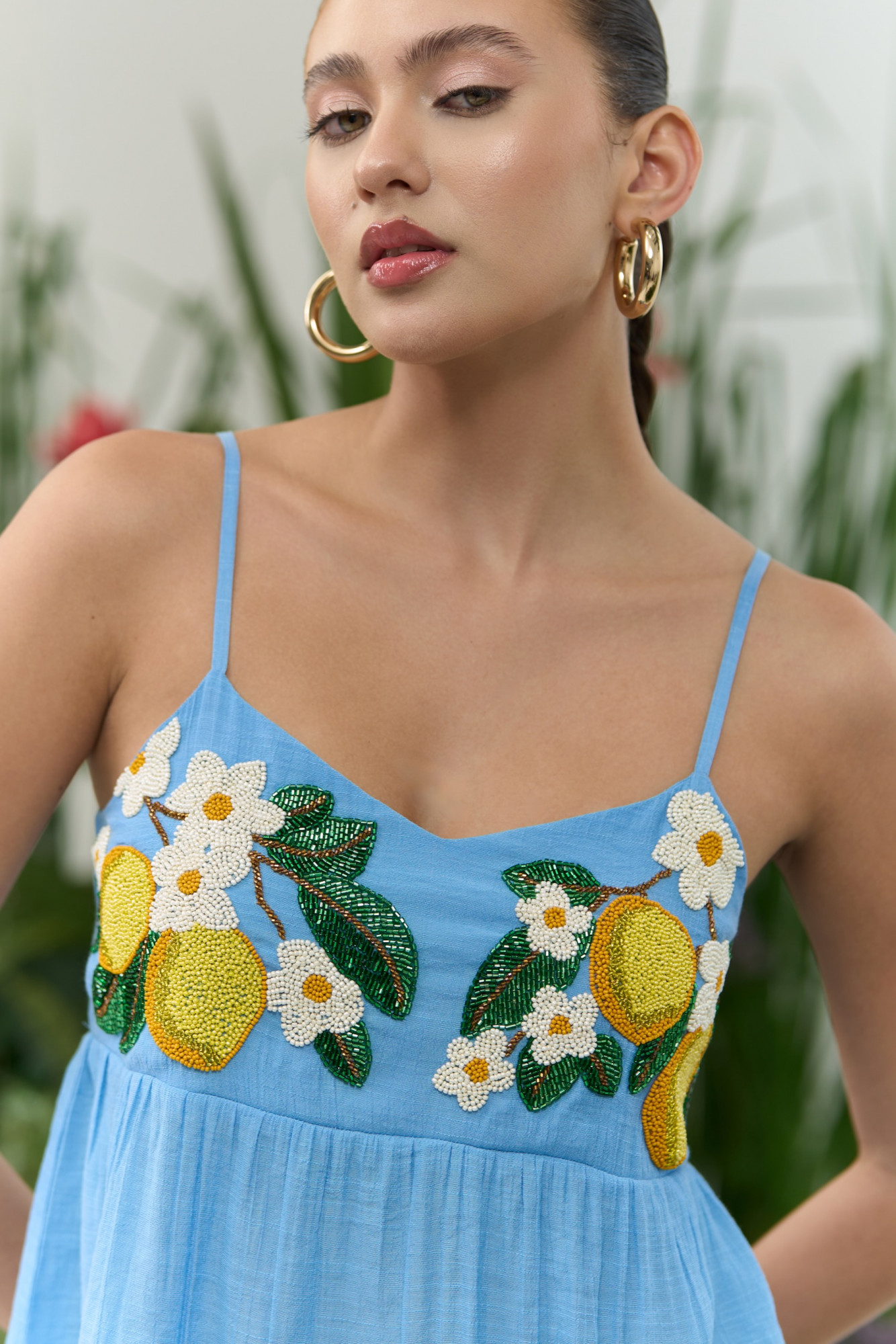 ATELIER RIVIERA LIGHT BLUE VISCOSE CREPE CAMI TOP WITH HANDCRAFTED LEMON EMBROIDERY