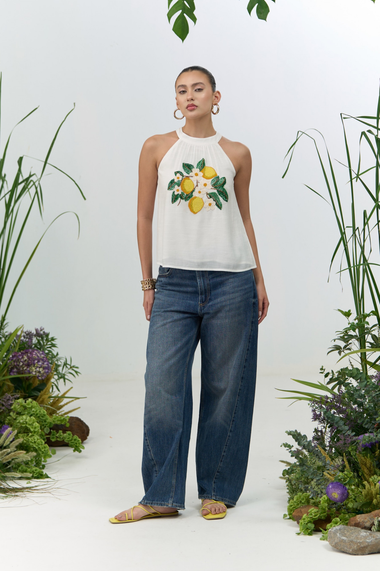 ATELIER RIVIERA WHITE VISCOSE CREPE HALTER CUT TOP WITH HANDCRAFTED LEMON EMBROIDERY