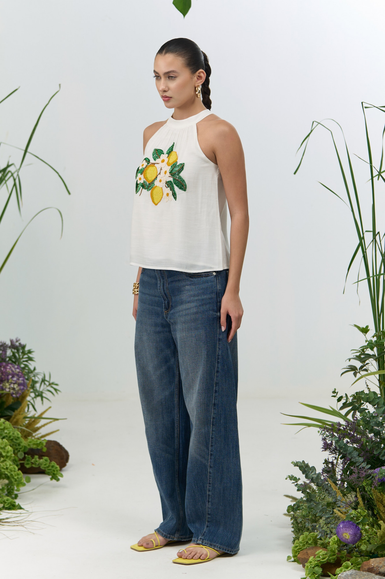 ATELIER RIVIERA WHITE VISCOSE CREPE HALTER CUT TOP WITH HANDCRAFTED LEMON EMBROIDERY