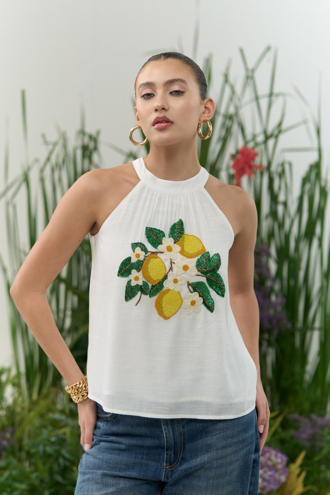 Image of ATELIER RIVIERA WHITE VISCOSE CREPE HALTER CUT TOP WITH HANDCRAFTED LEMON EMBROIDERY